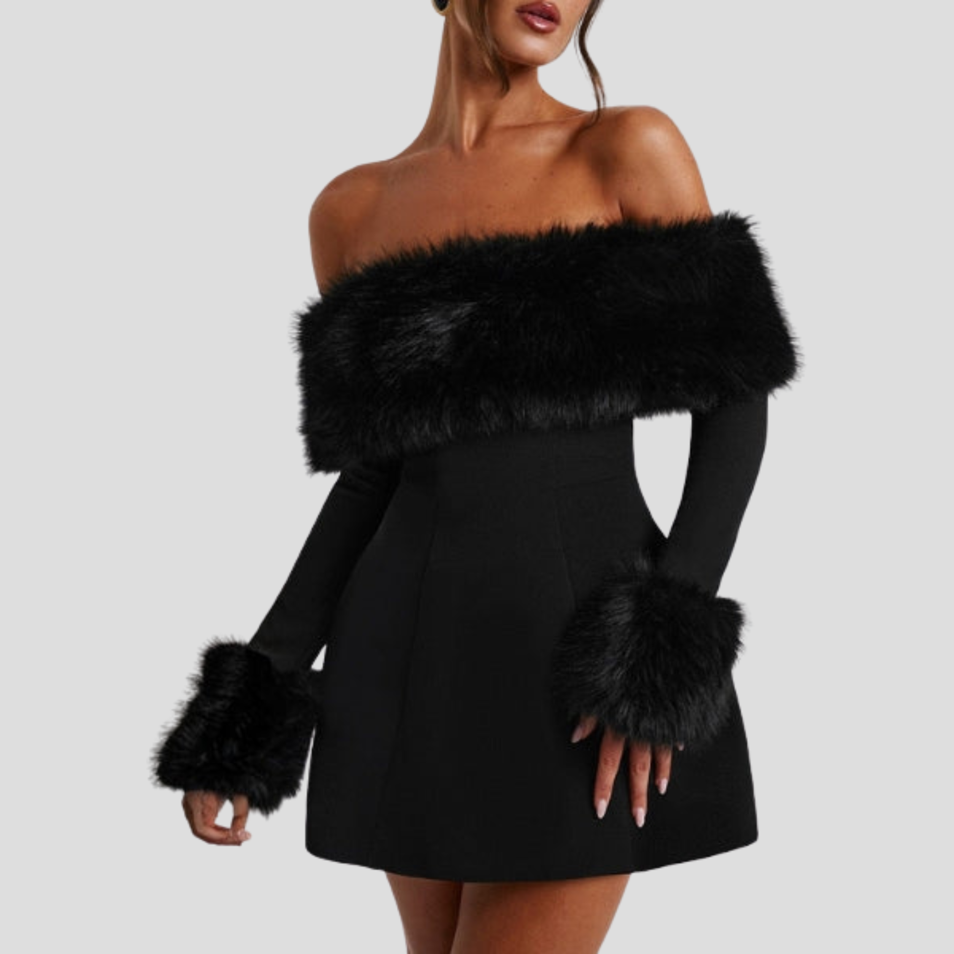 Black off-shoulder mini dress with defined trim silhouette for evening wear