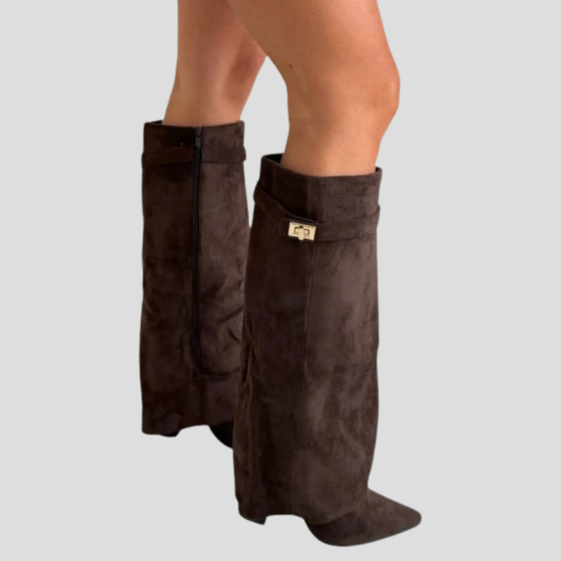 Women's knee-high boots with flared shaft and sculpted silhouette in neutral tones
