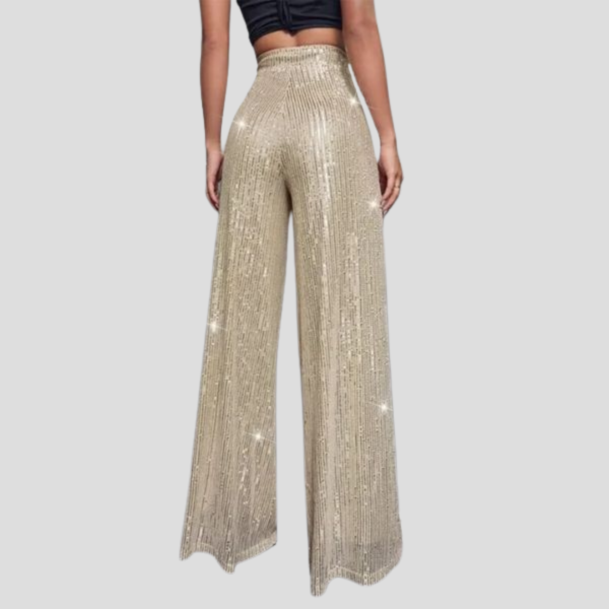Women's high-waist wide-leg sequin pants in black with shimmering surface detail