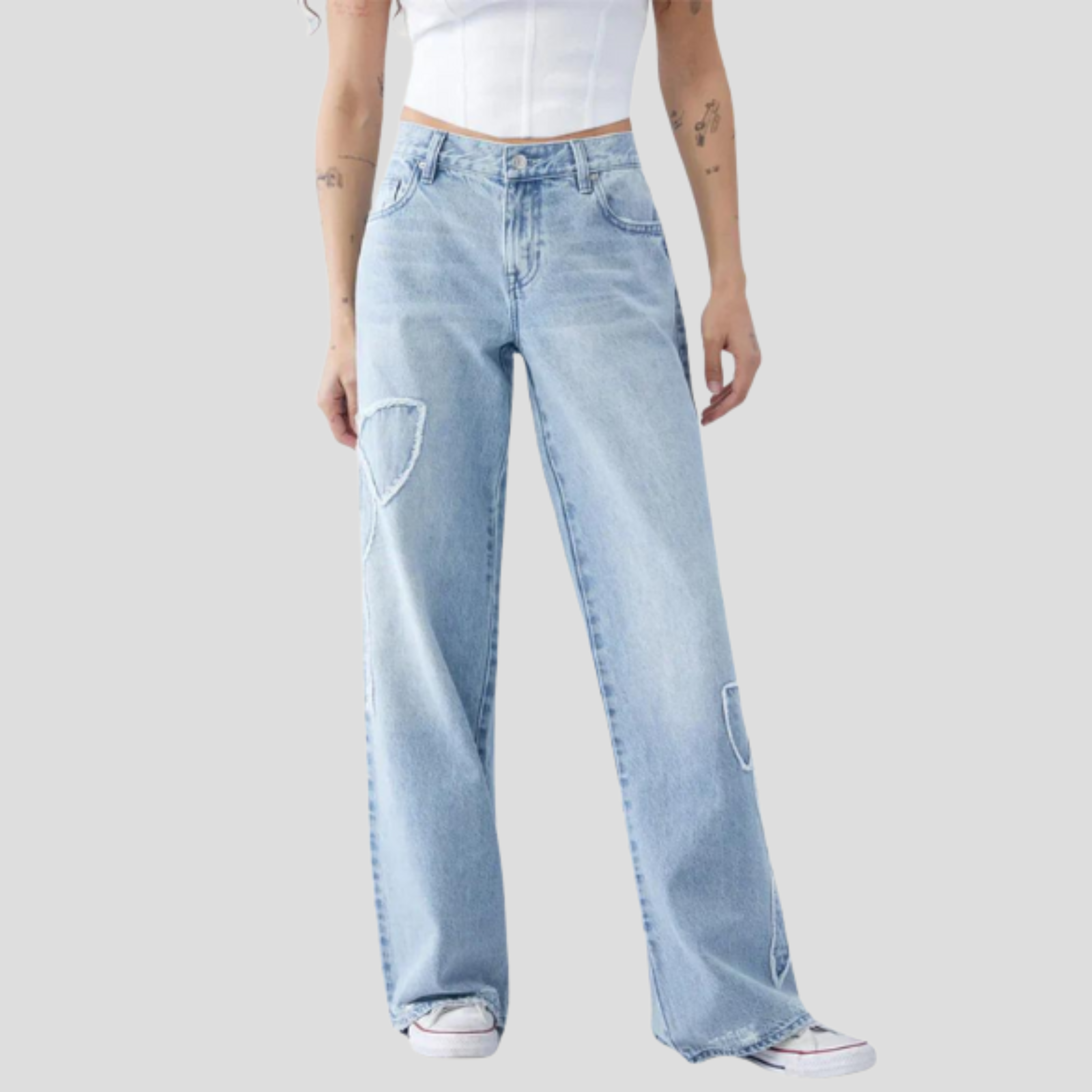 Women's relaxed-fit blue jeans with feminine side bow detail