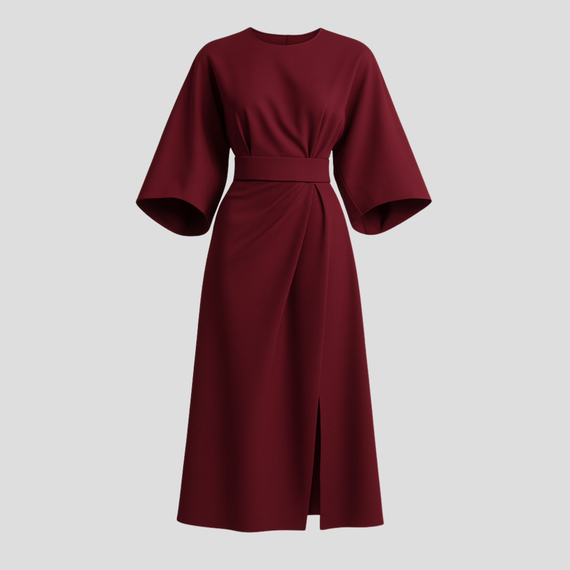 Women's belted floor-length maxi dress with a flowing skirt and defined waist