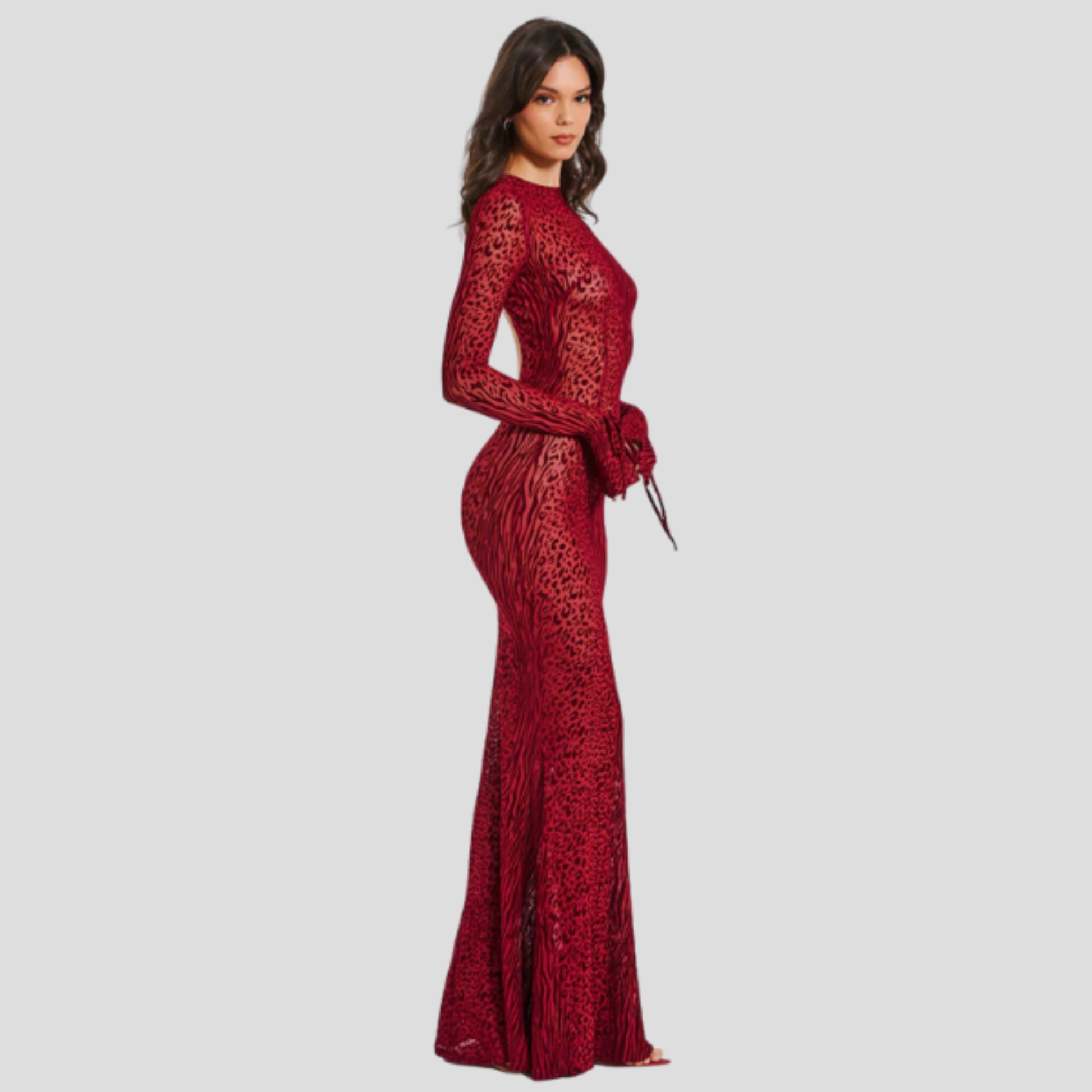 Red long sleeve maxi dress with flared cuff detail and flowing silhouette
