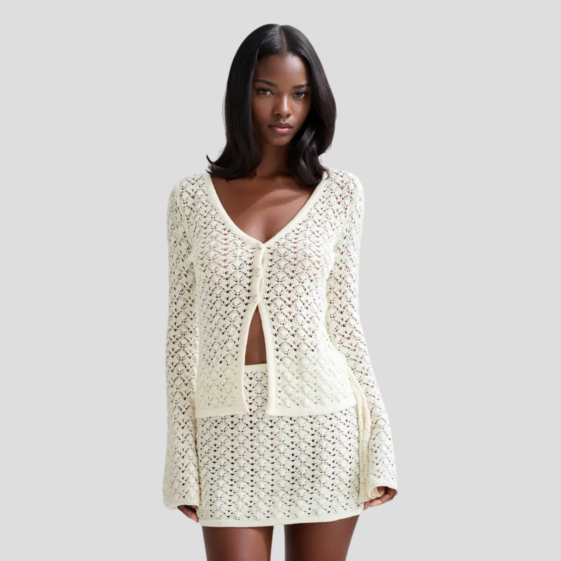 Amalfi V-neck knit top and coordinated front-split skirt set in green and white