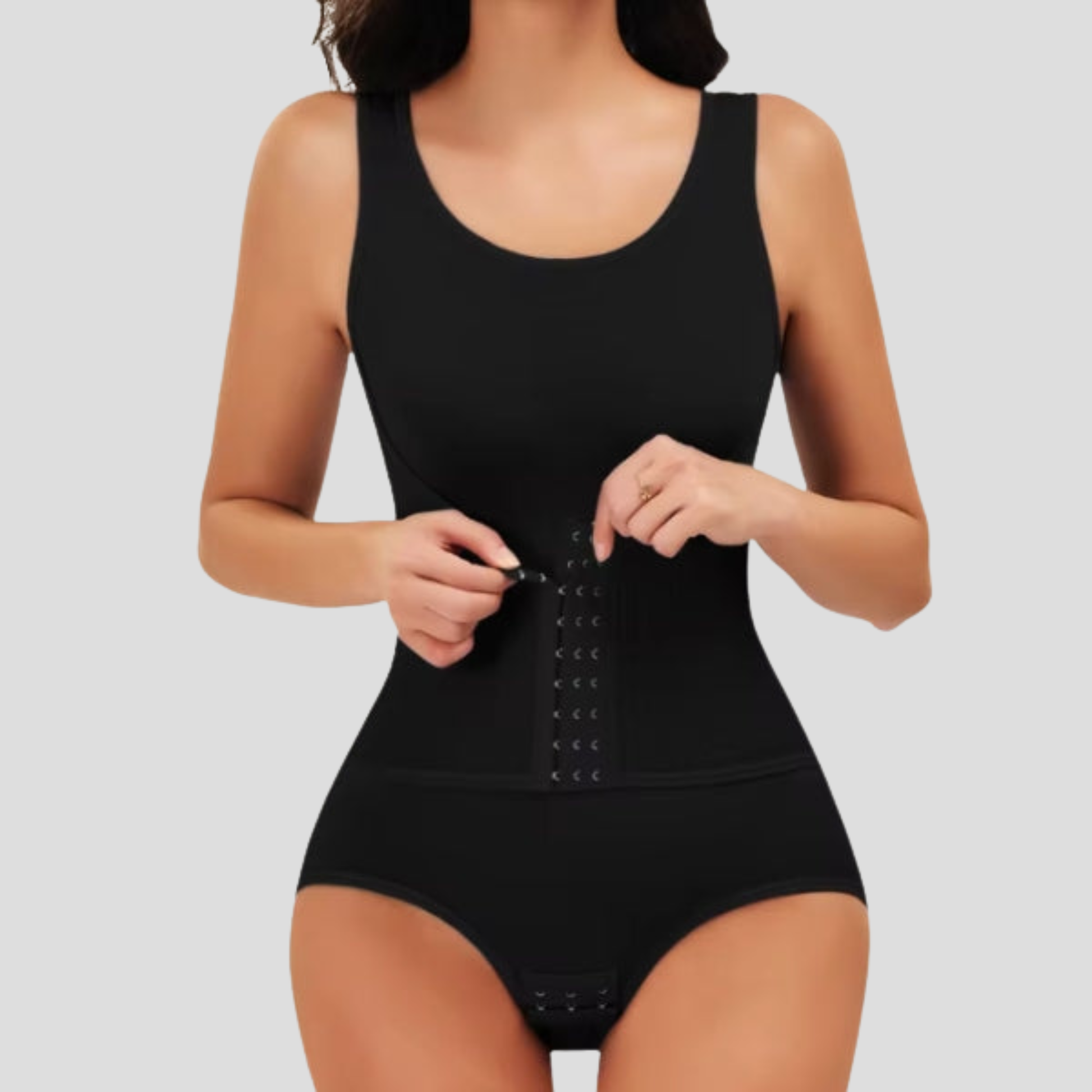 Women's sleeveless ribbed bodysuit with hook-front closure in black and beige