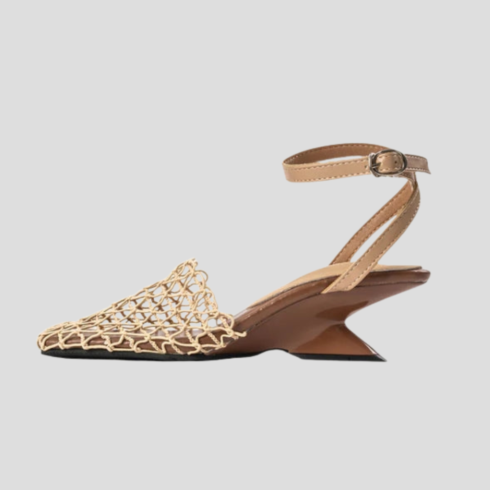Brown square-toe heeled sandals with net-detail upper for summer