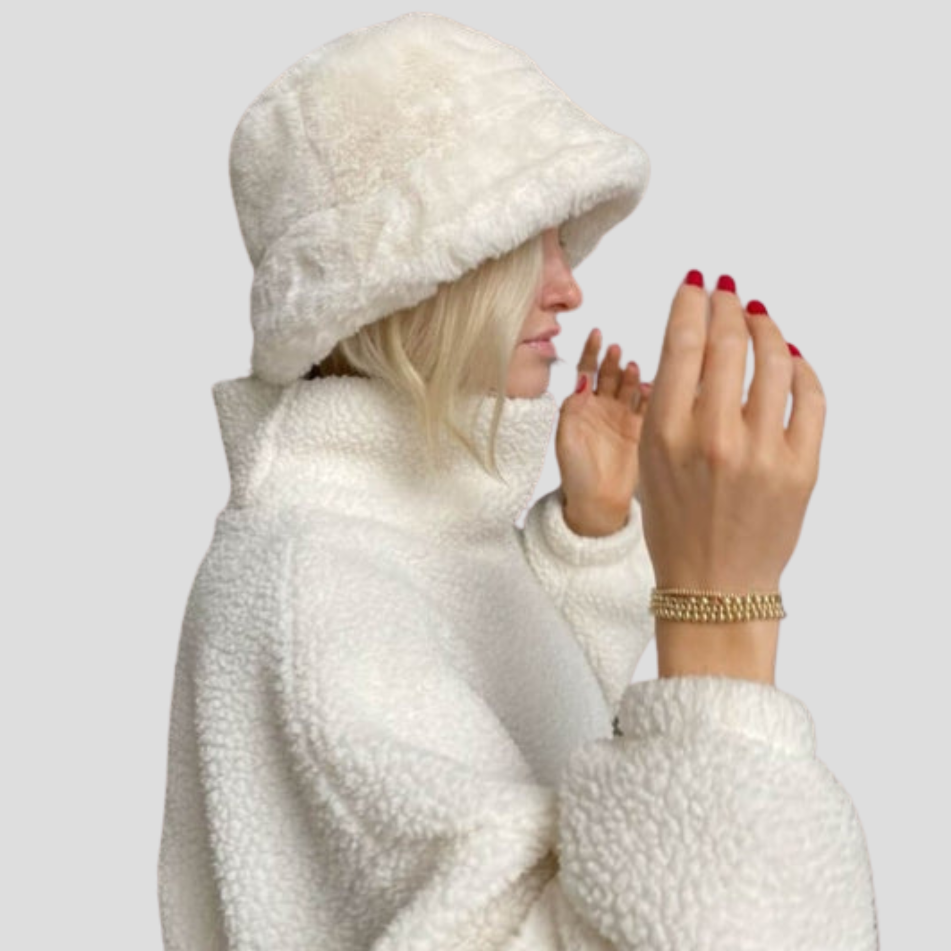 Women's bucket hat with rounded crown and contoured brim, shown in neutral colorways