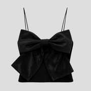 Black strappy crop top with fitted upper and oversized bow detail