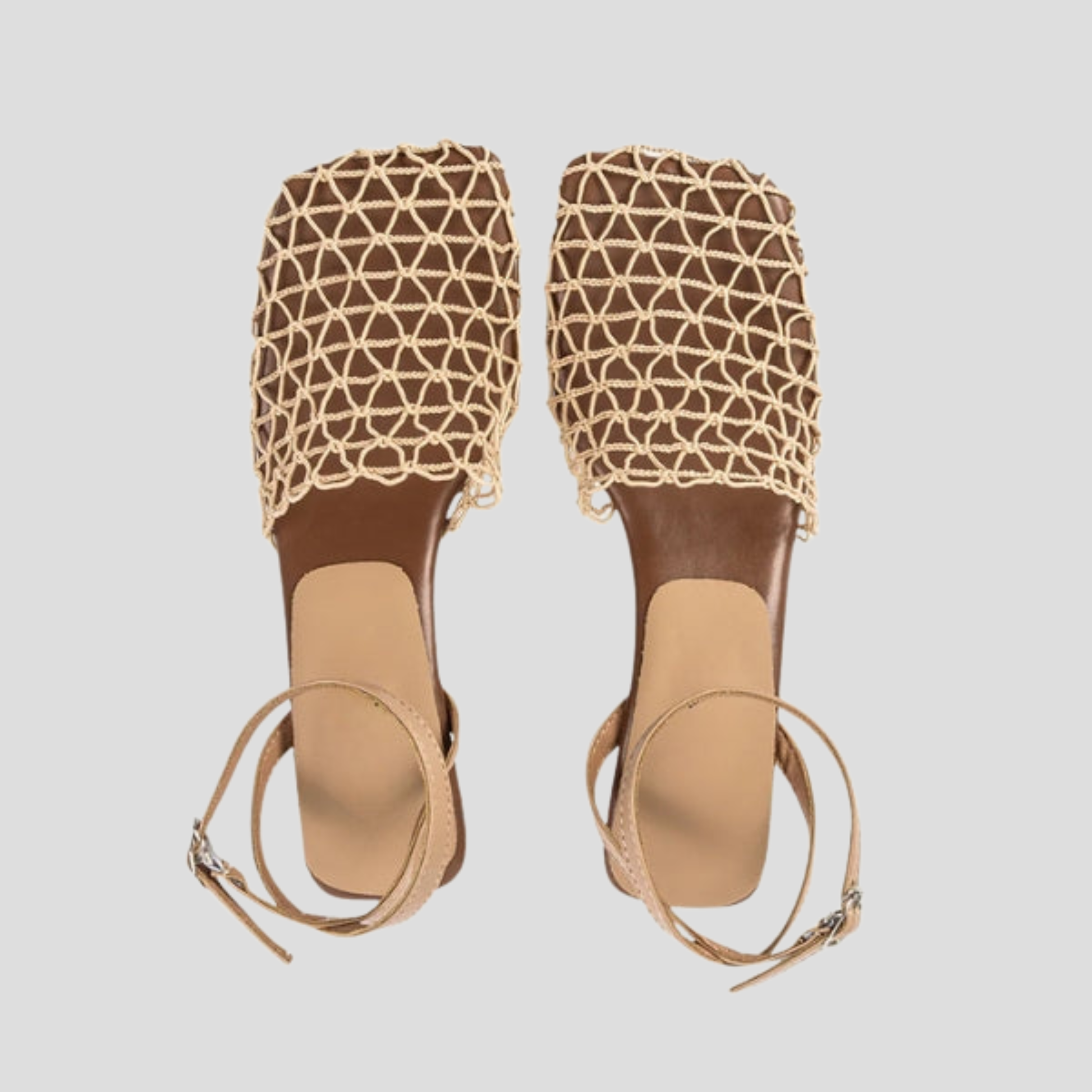 Brown square-toe heeled sandals with net-detail upper for summer
