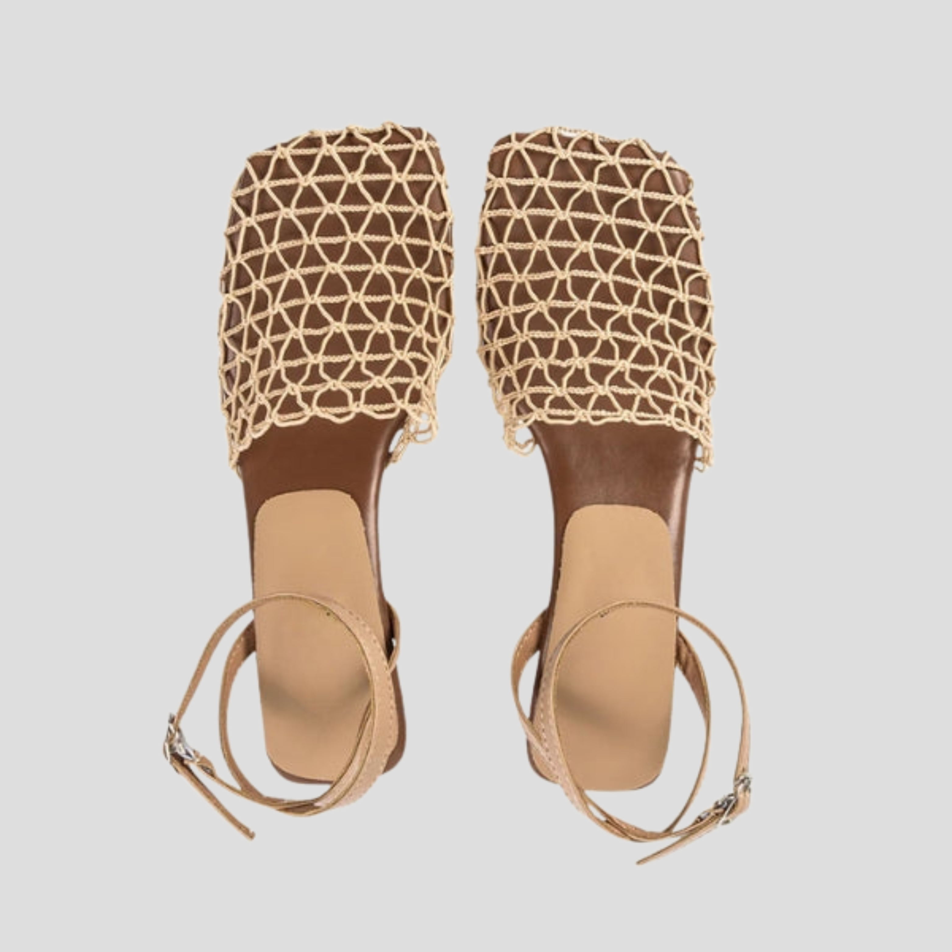 Brown square-toe heeled sandals with net-detail upper for summer