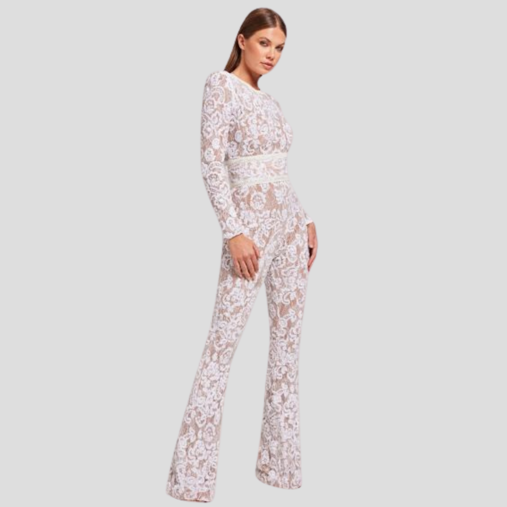 Women's jumpsuit with fitted bodice and flared leg silhouette in black and white