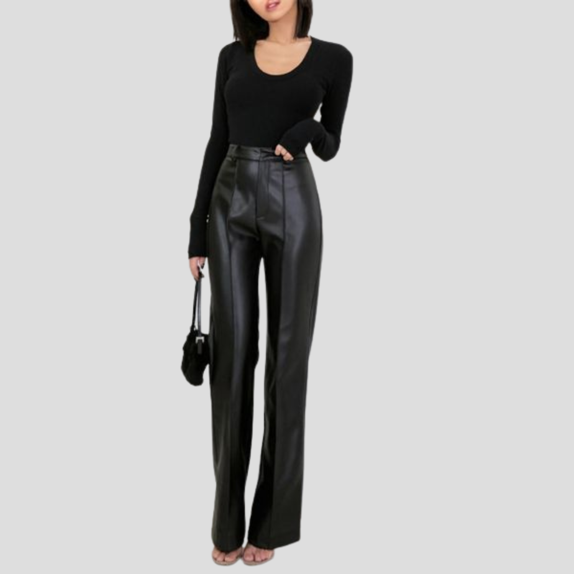 Women's black high-waist straight-leg trousers with a contoured, tailored waist