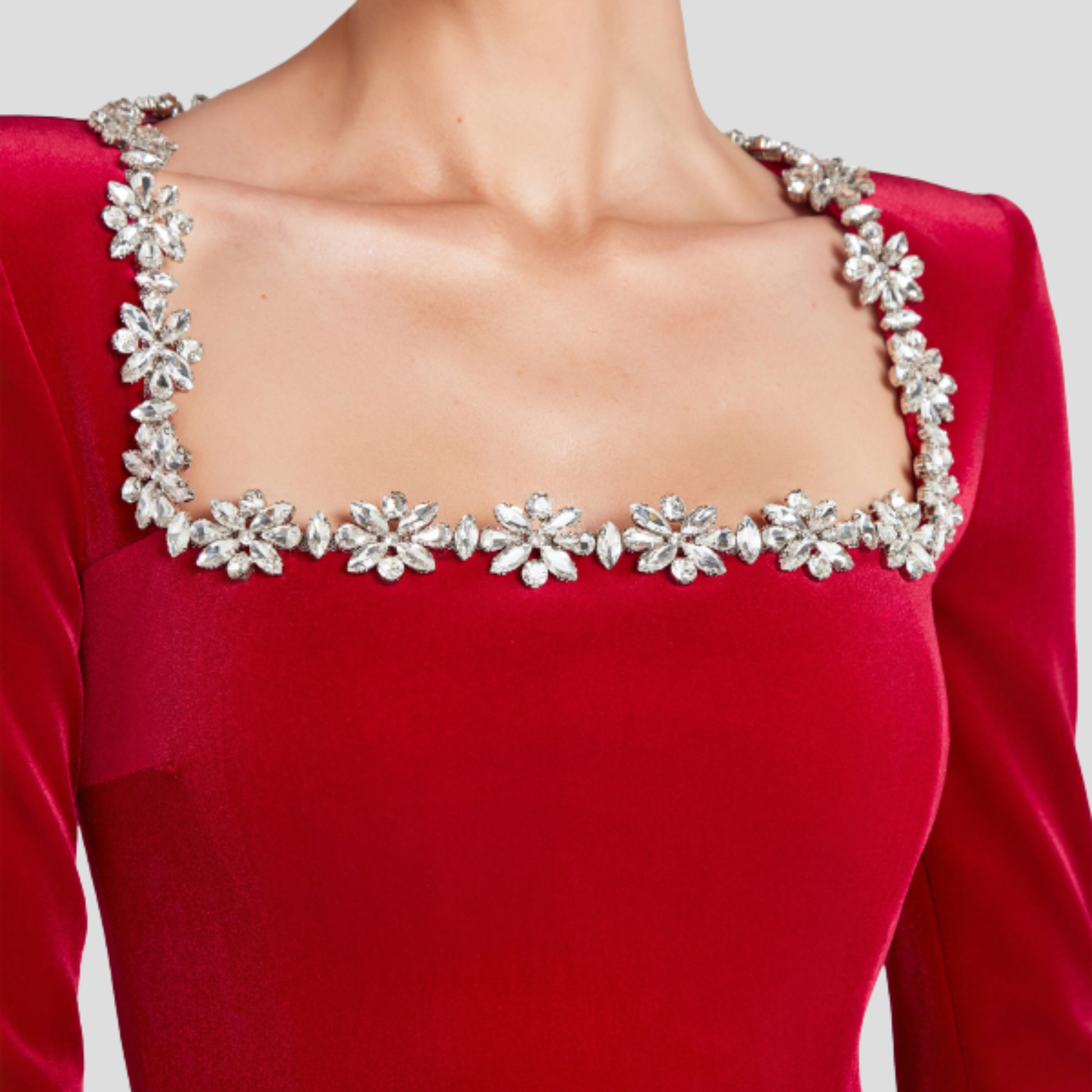 Women's structured cocktail dress with square neckline and embellished detailing in black