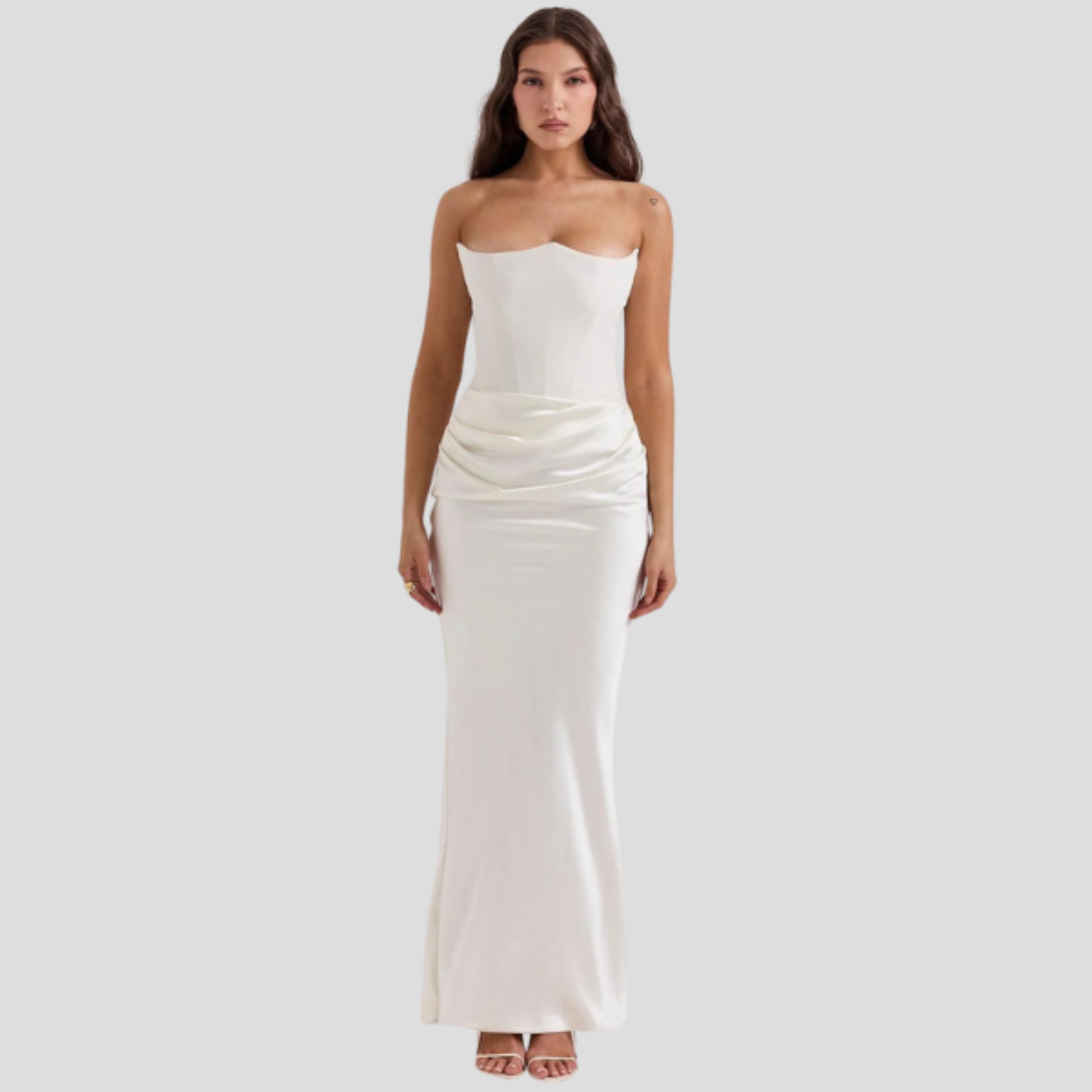 Strapless corset bodice maxi dress with draped waist in a full-length evening silhouette