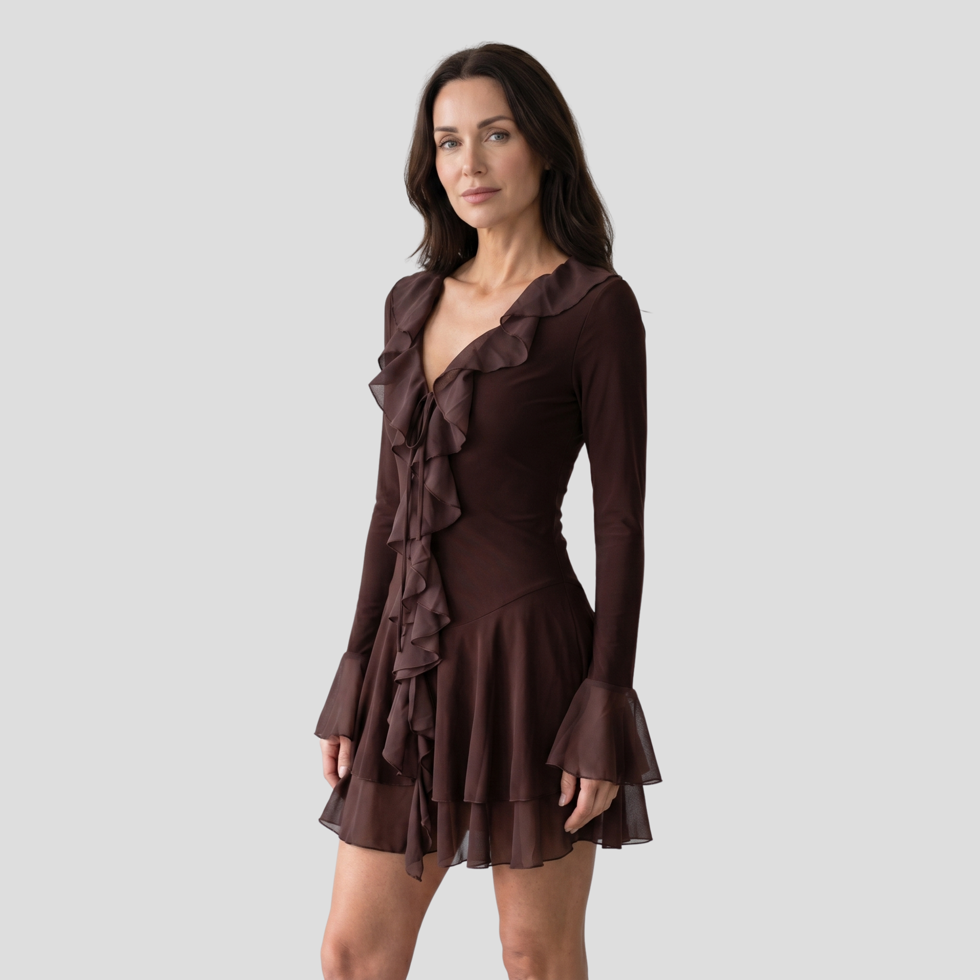 Brown deep V-neck mini dress with ruffle trim and front tie waist