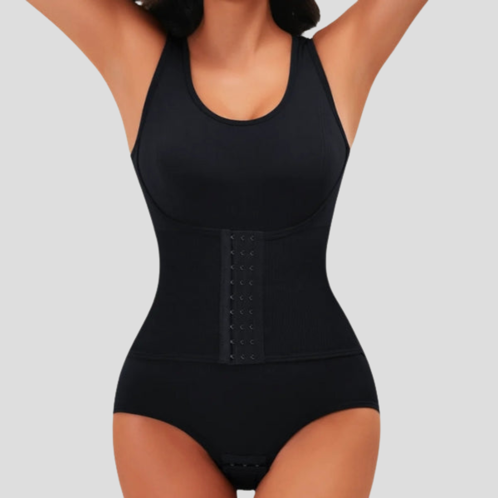 Women's sleeveless ribbed bodysuit with hook-front closure in black and beige
