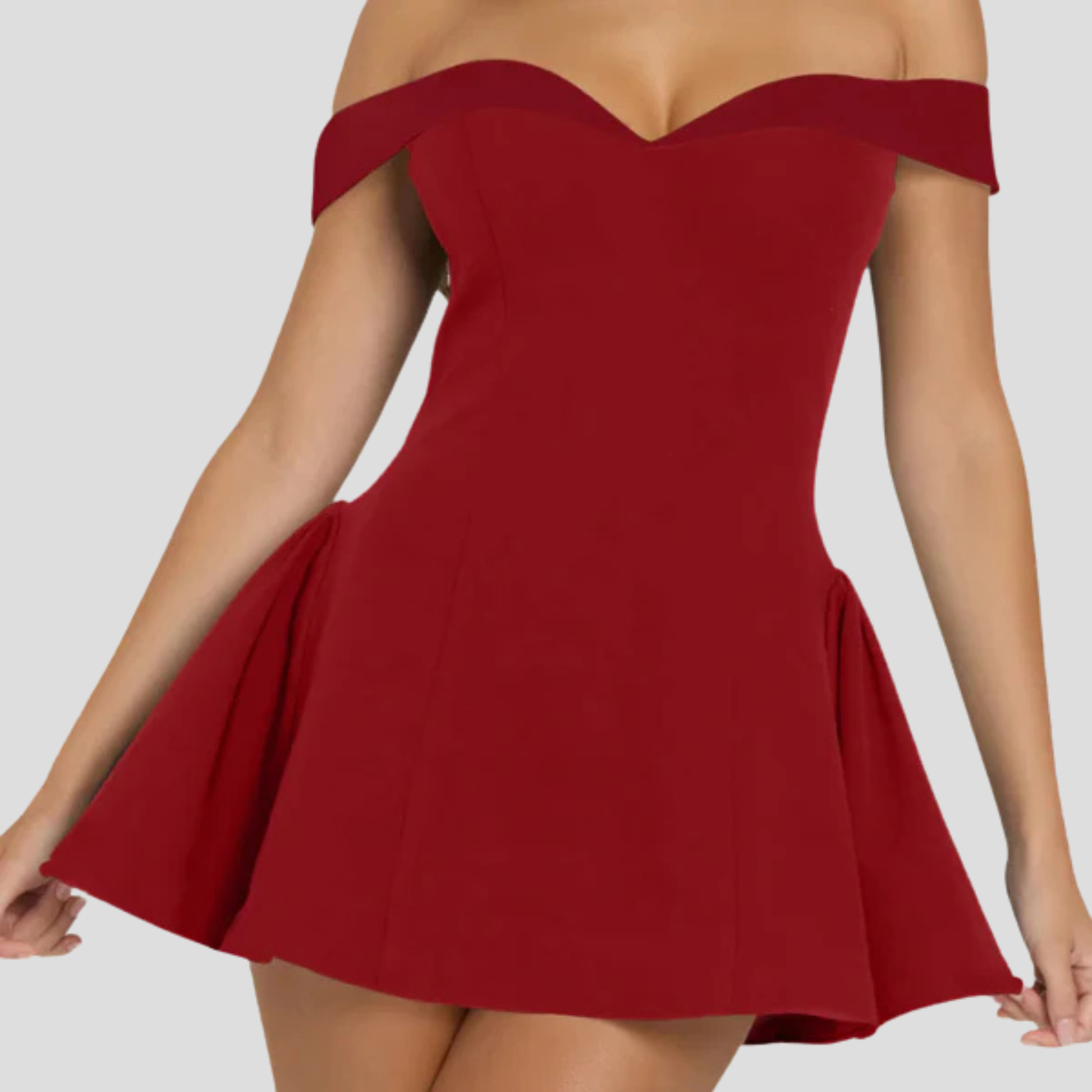 Off-shoulder mini dress with sweetheart neckline and flared hem in black and red