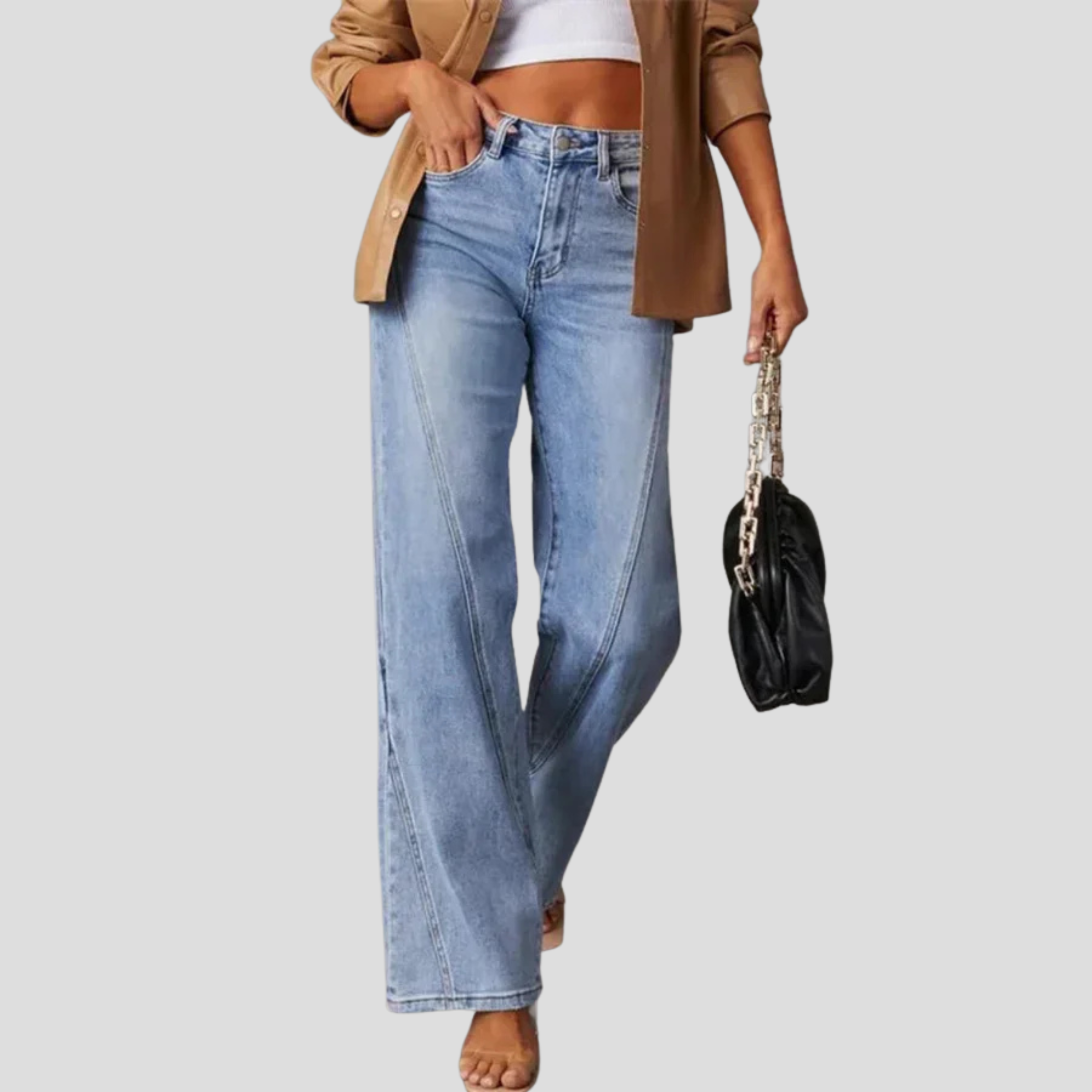 Women's high-waist wide-leg blue jeans styled for casual everyday wear