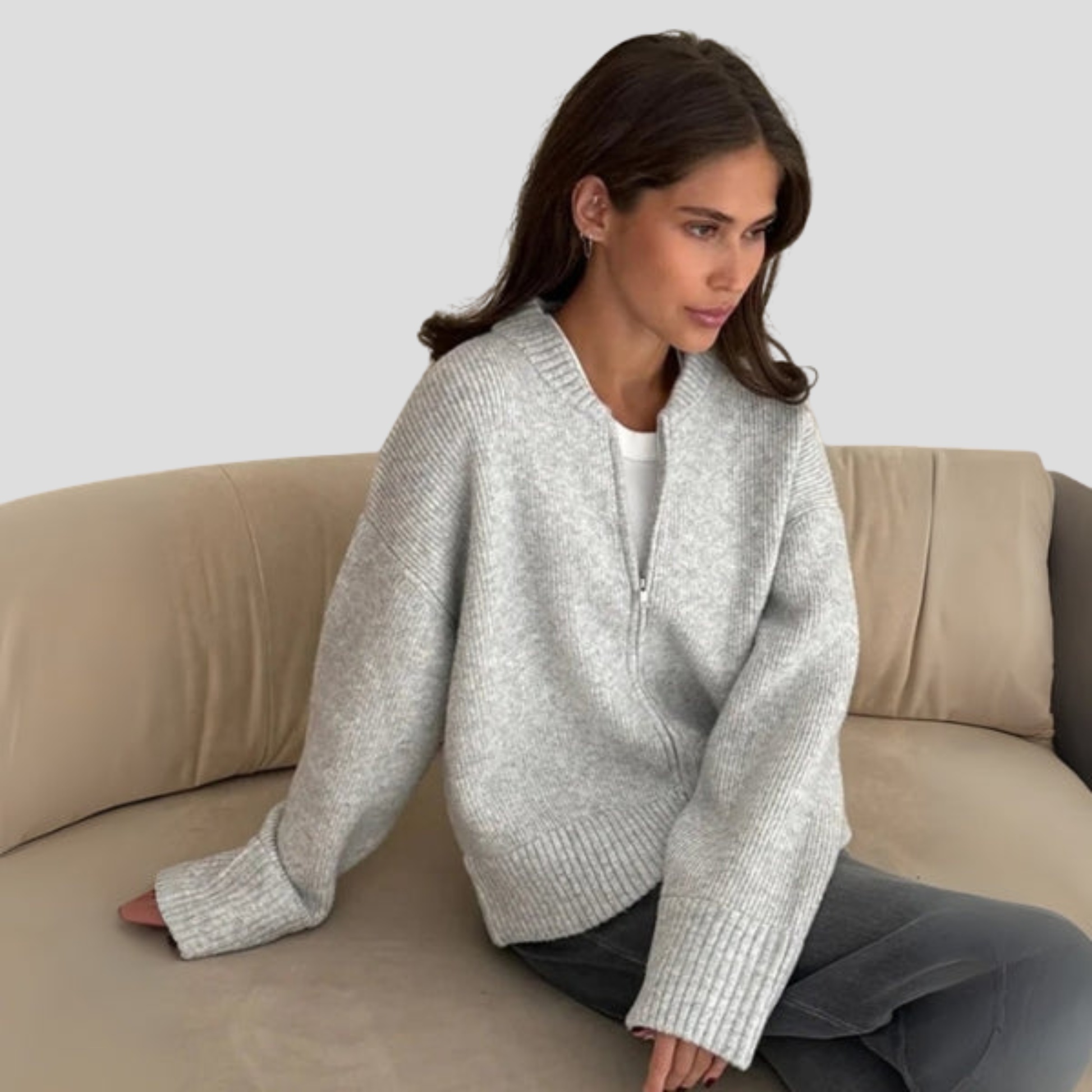 Women's zip-front relaxed cardigan shown in brown, beige and grey