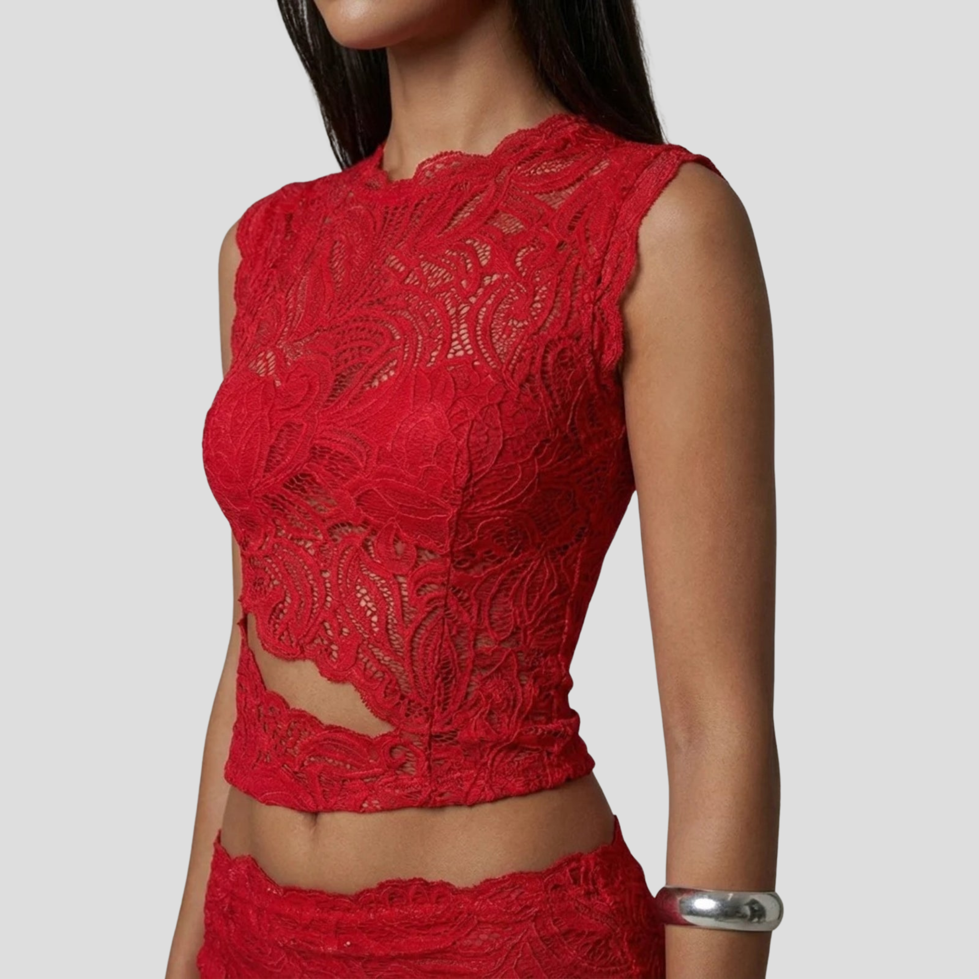 Women's two-piece maxi set with sleeveless cropped top and high-waist skirt in black and red