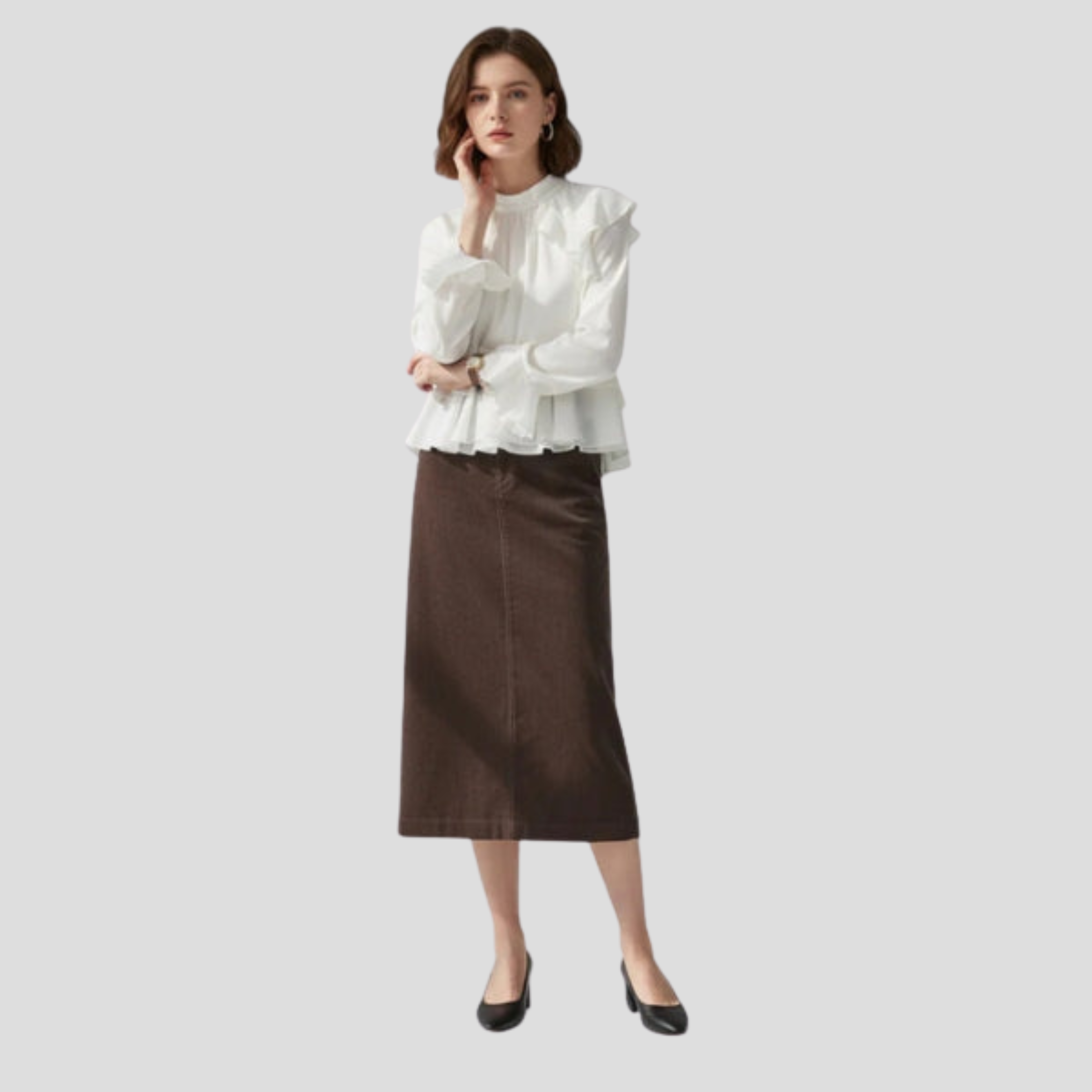 Brown high-waist midi skirt with textured vertical rib pattern