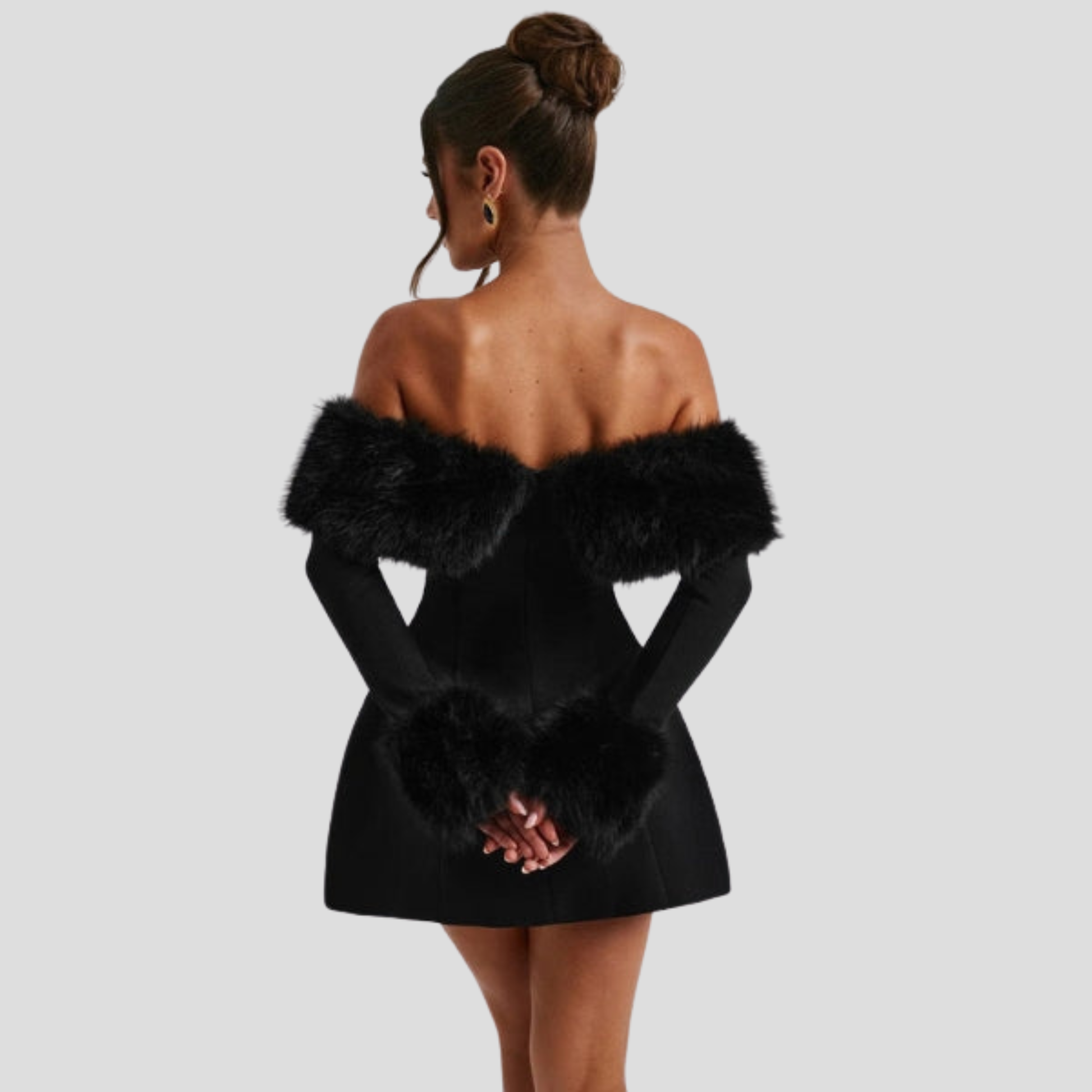 Black off-shoulder mini dress with defined trim silhouette for evening wear