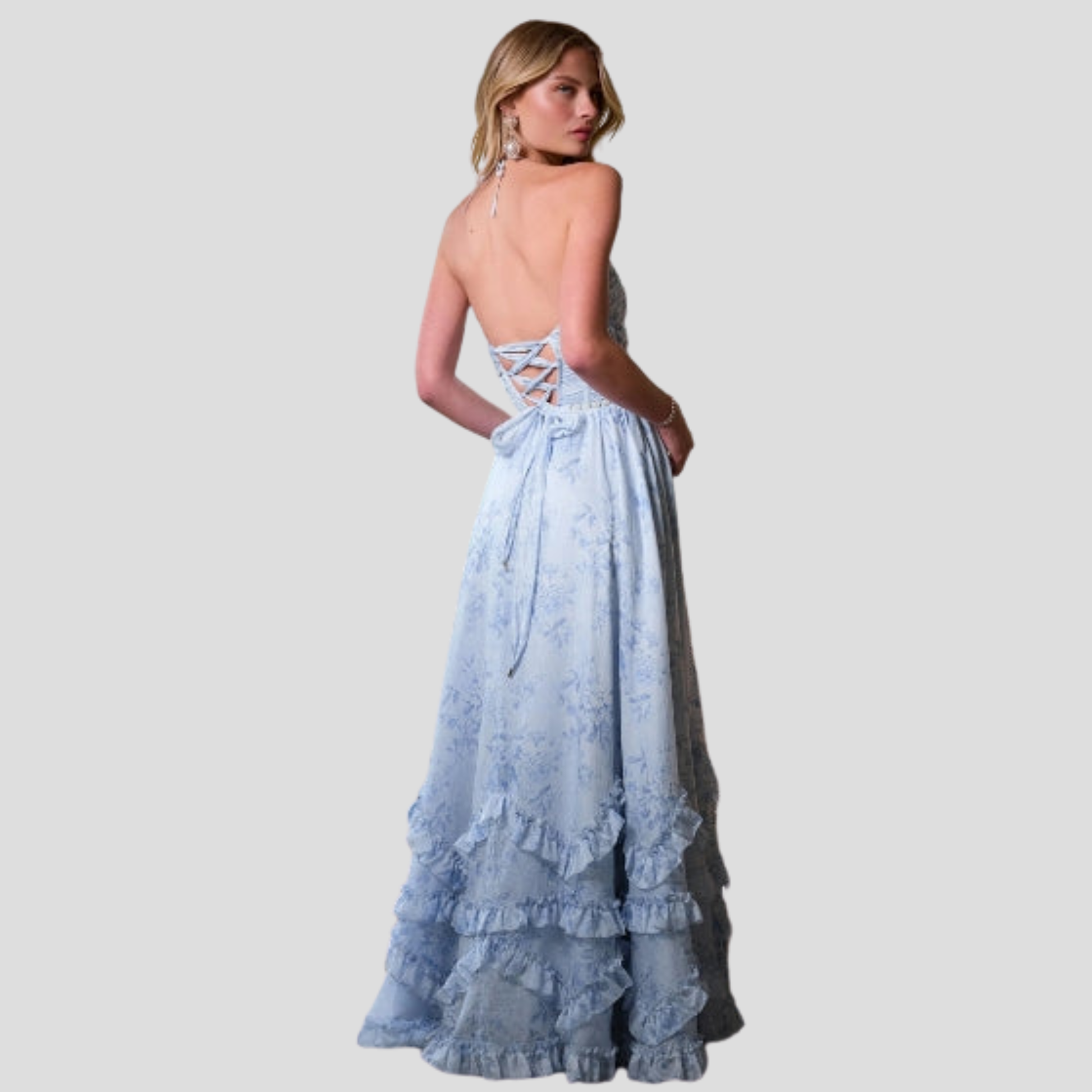 Blue maxi dress with corset bodice and ruffled hem for evening wear