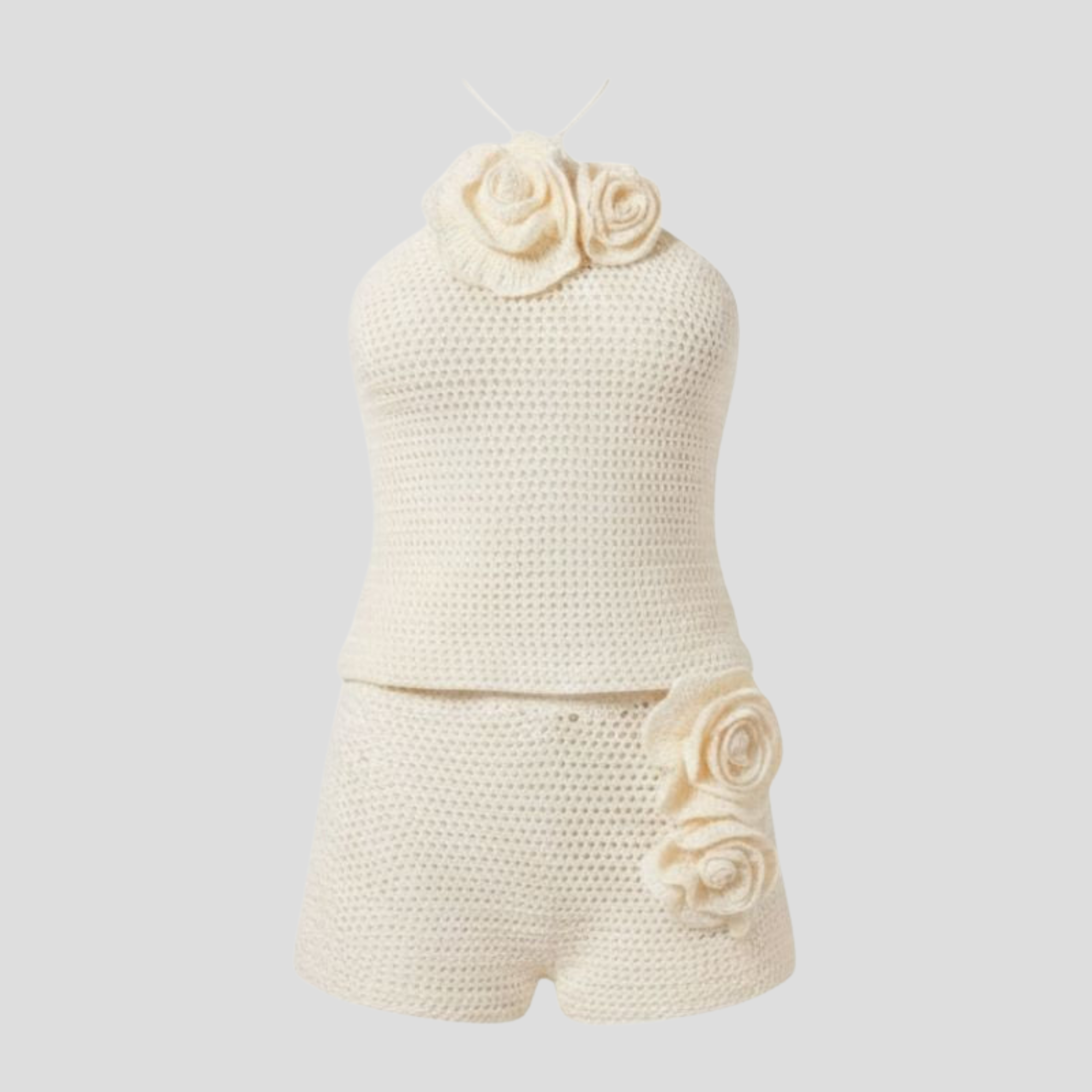 Women's white two-piece short set with halter top and high-rise shorts