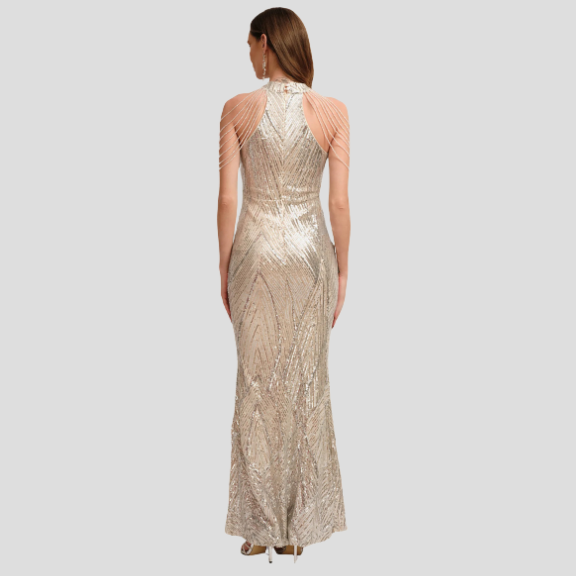 Women's fitted sequin evening gown with halter neckline in gold