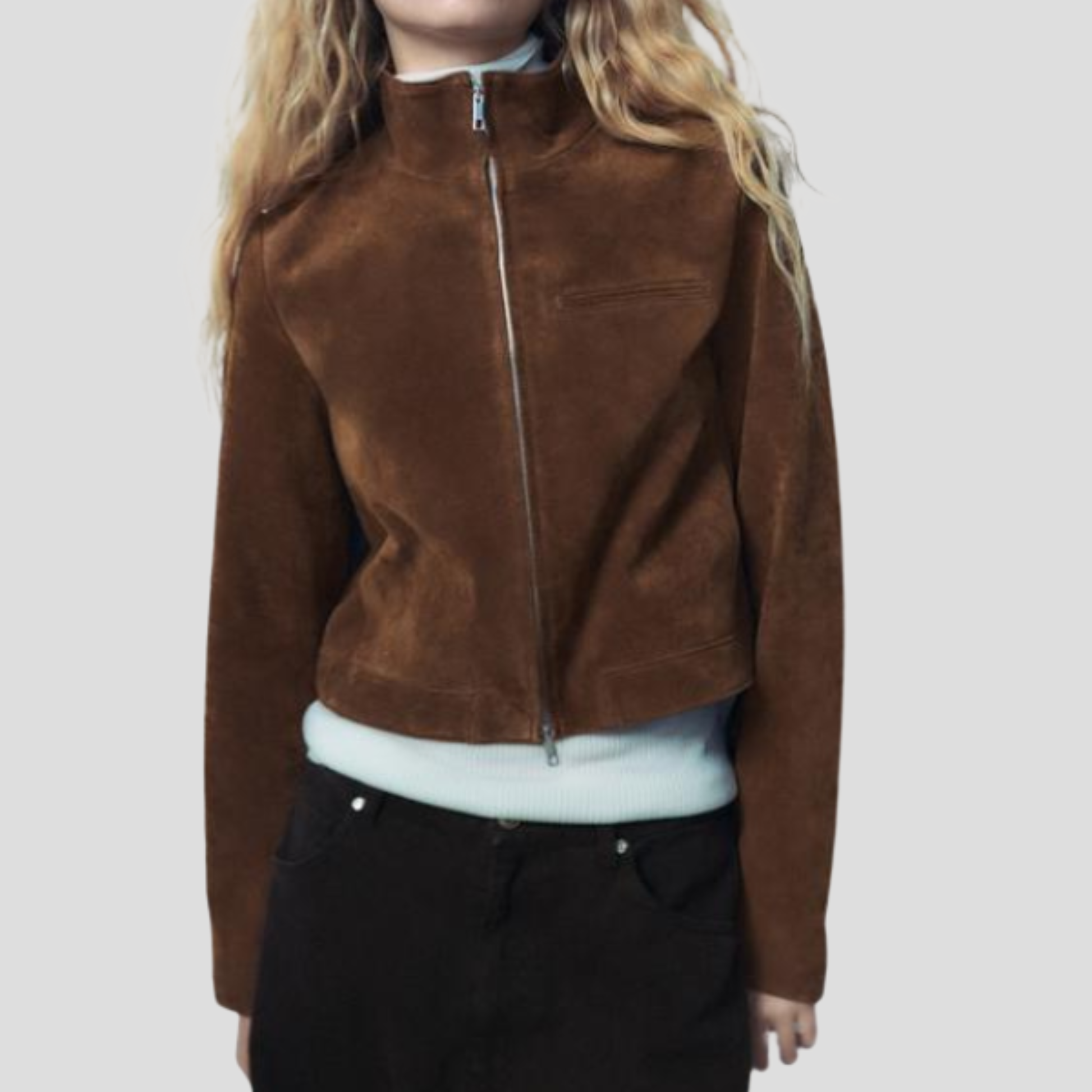 Women's cropped brown jacket with high collar and front zip closure