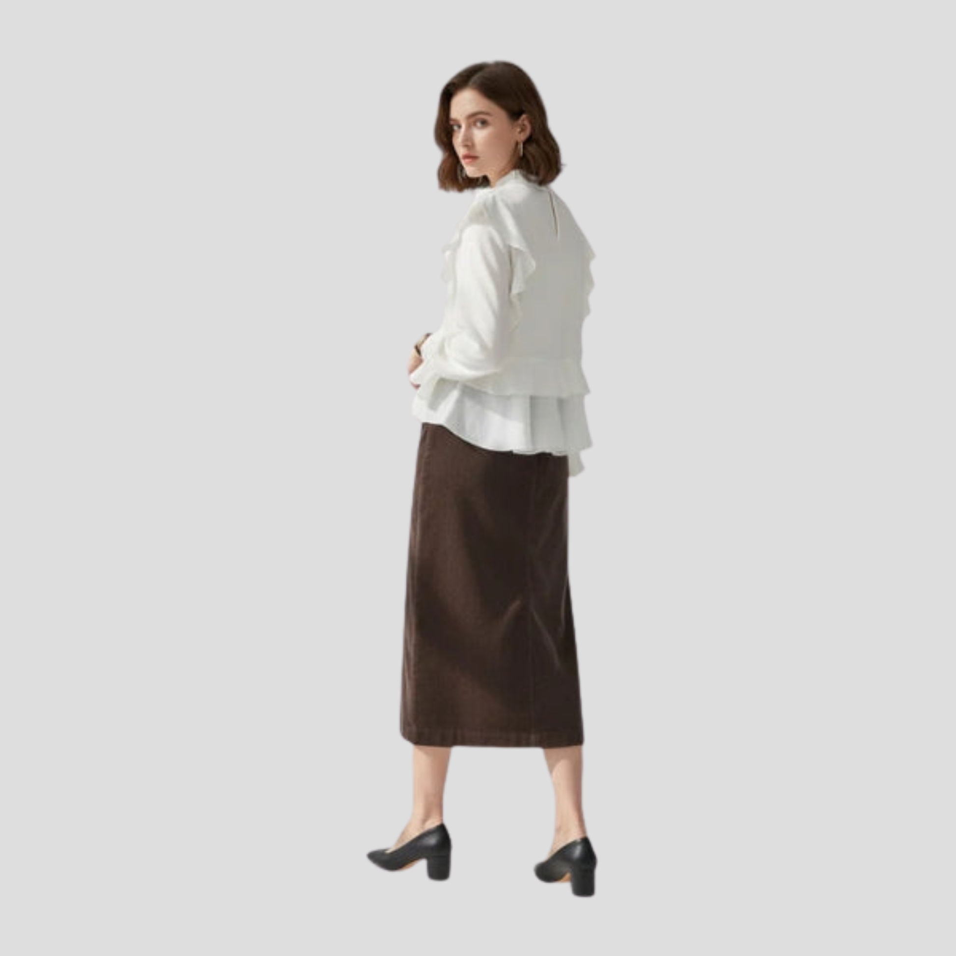 Brown high-waist midi skirt with textured vertical rib pattern