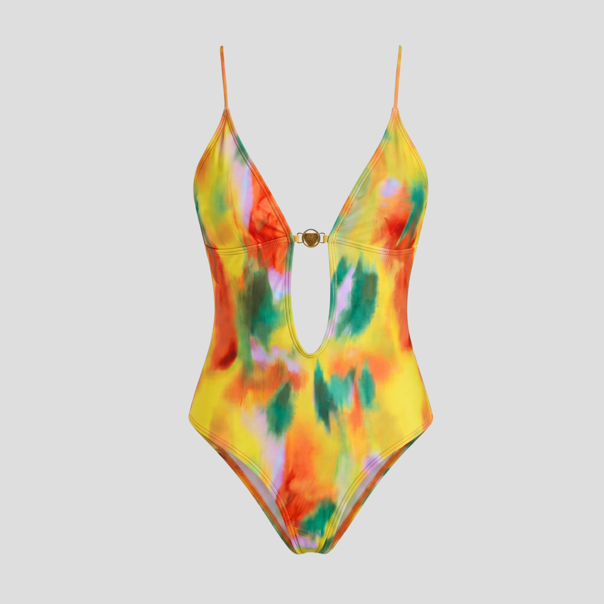 Women's one-piece swimsuit with gold ring detail, deep neckline and open-back design