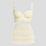 White crochet set with scalloped top and tiered fringe skirt for women