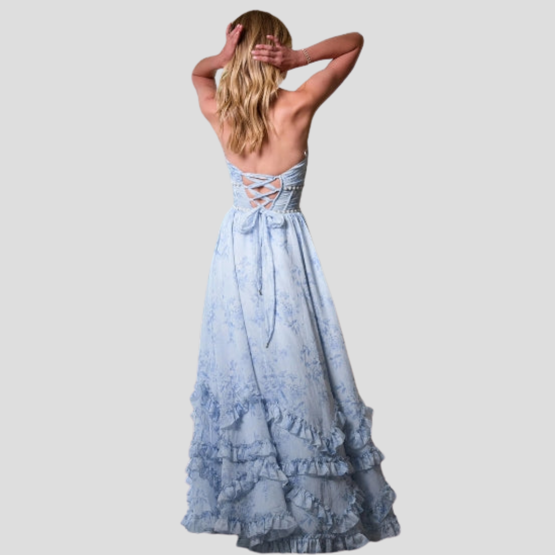 Blue maxi dress with corset bodice and ruffled hem for evening wear