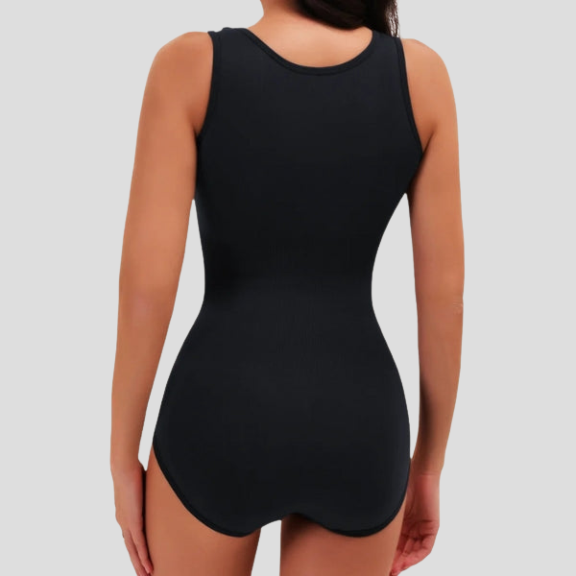 Women's sleeveless ribbed bodysuit with hook-front closure in black and beige