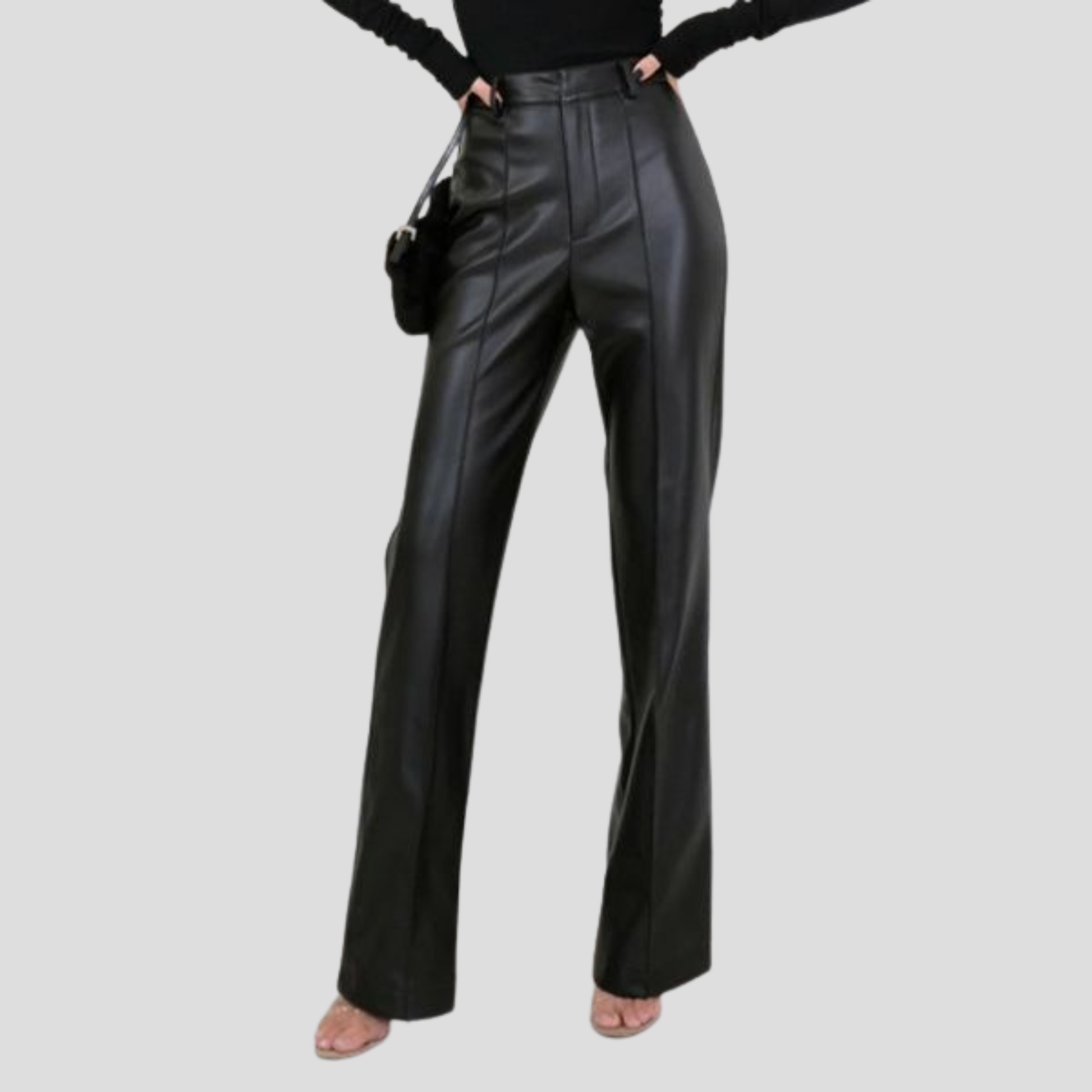 Women's black high-waist straight-leg trousers with a contoured, tailored waist