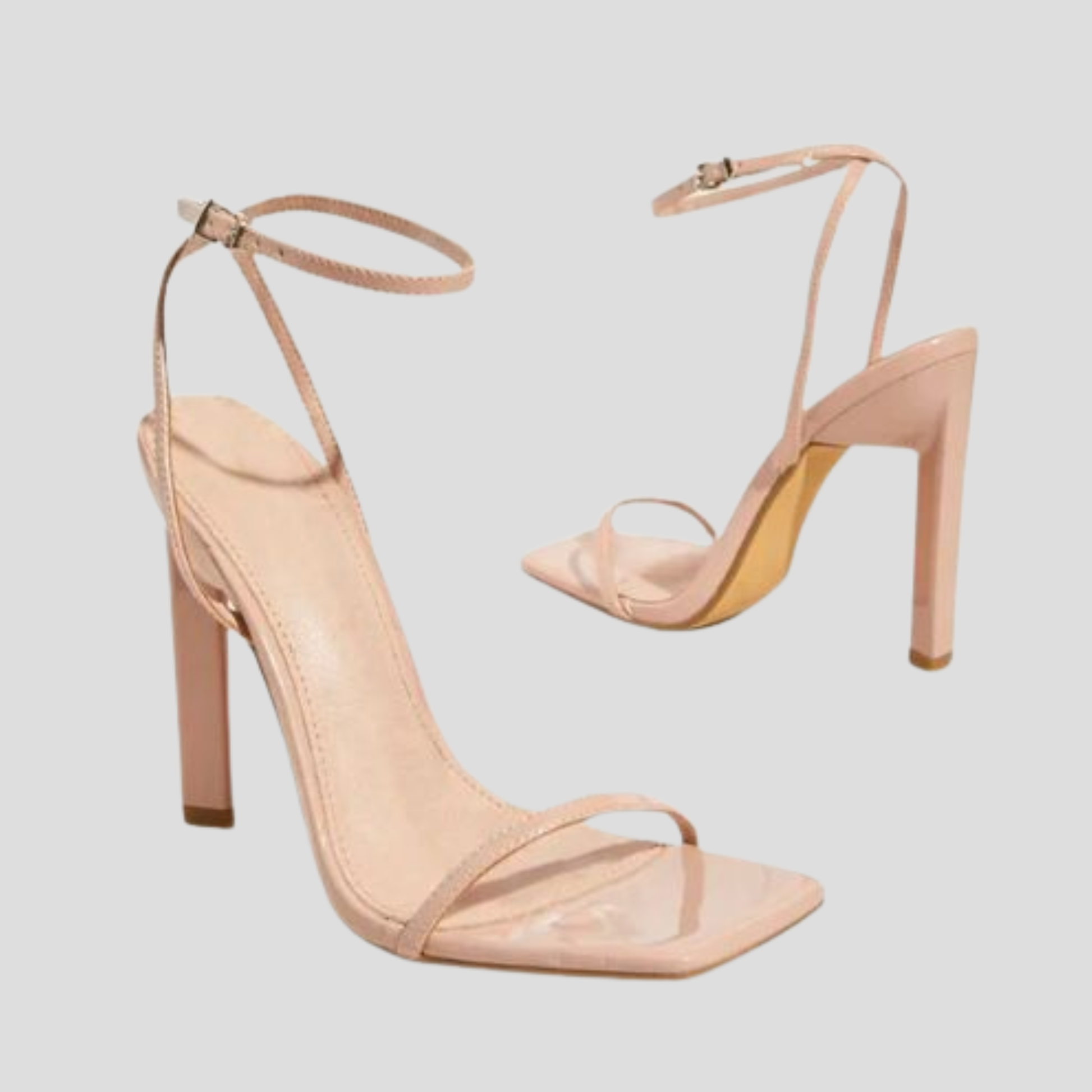 Women's square toe strappy block heel sandals in black, orange, and beige