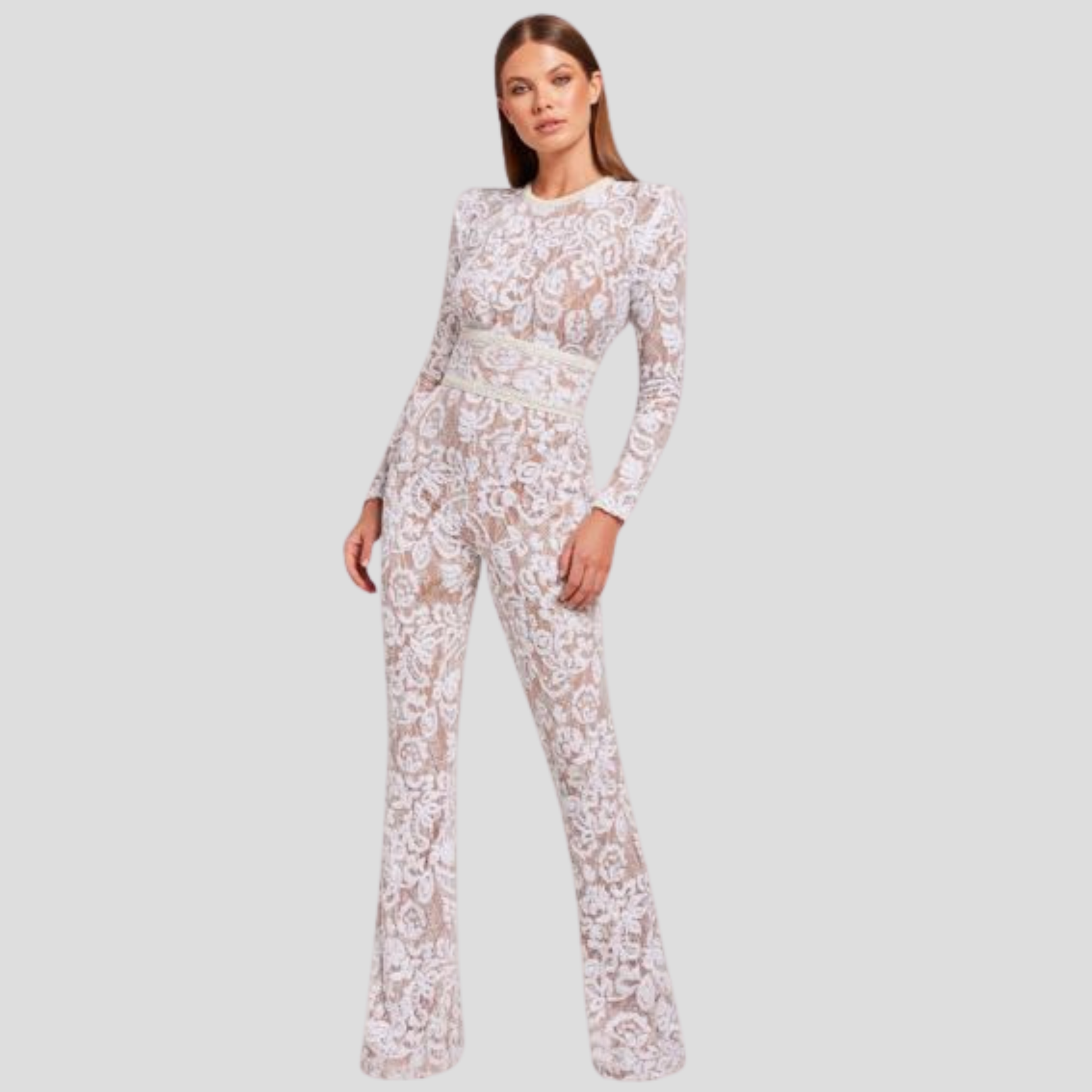 Women's jumpsuit with fitted bodice and flared leg silhouette in black and white