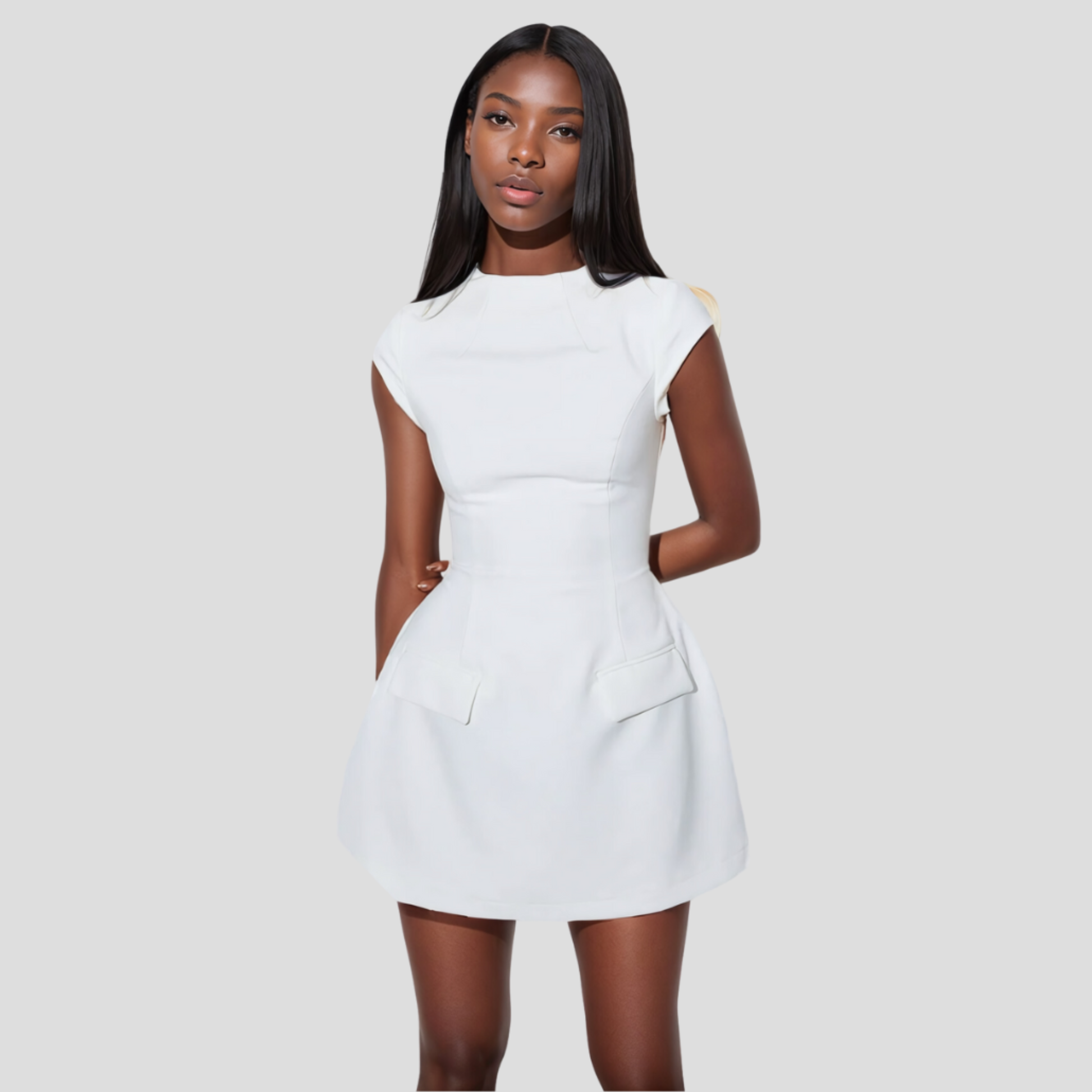 Women's high-neck mini dress with cinched waist in black and white for evening wear