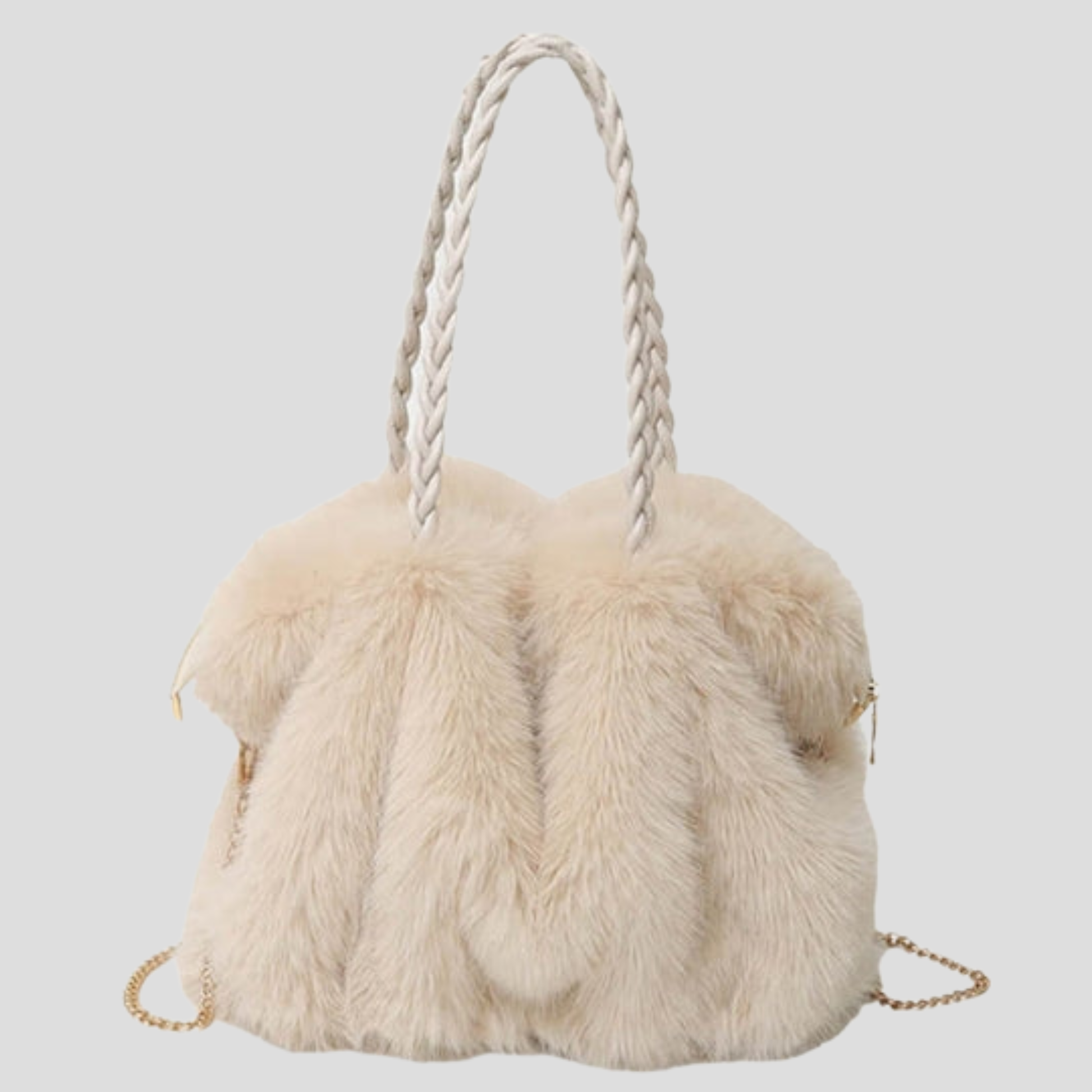 Oversized tote bag with braided handle detail, shown in black, brown, and beige