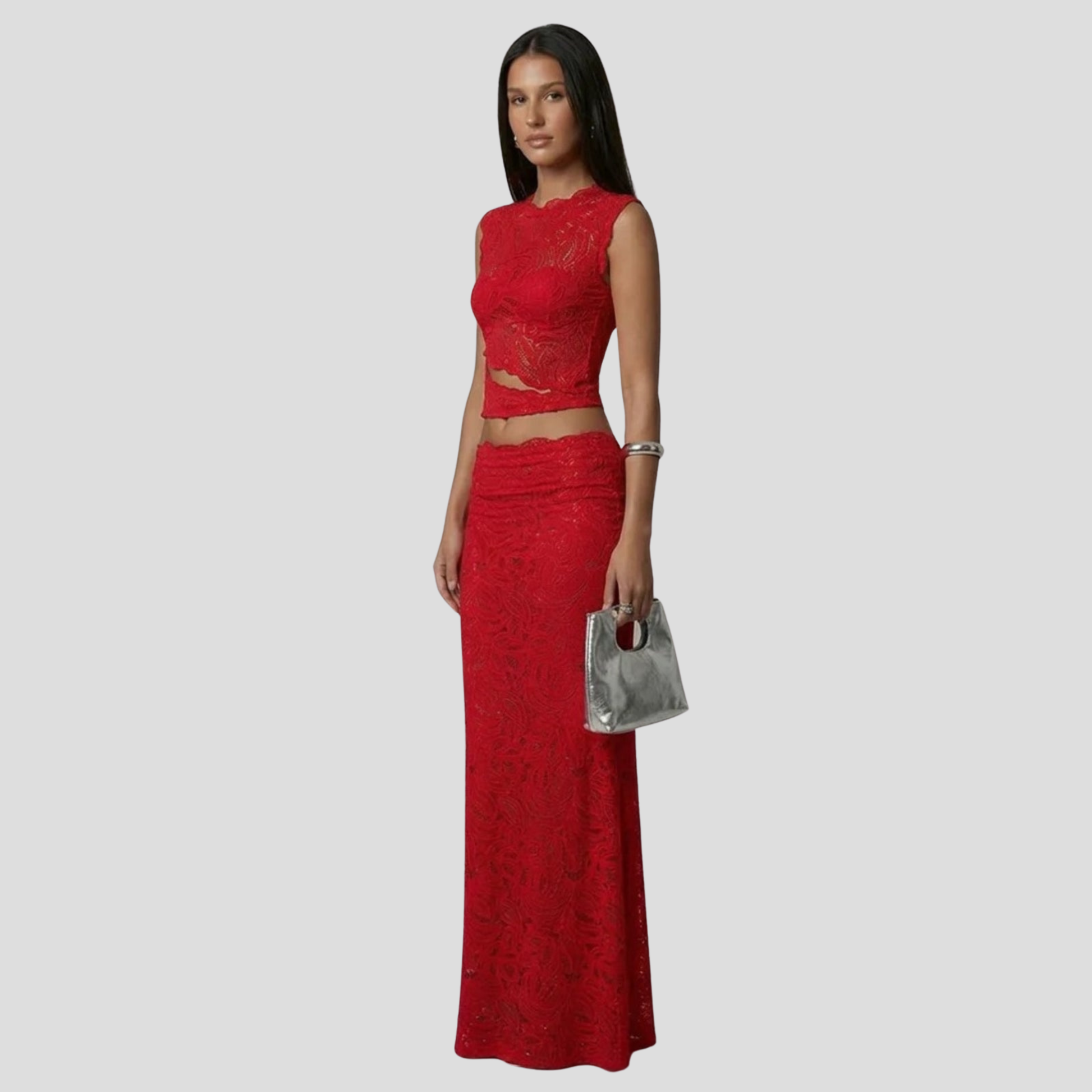 Women's two-piece maxi set with sleeveless cropped top and high-waist skirt in black and red
