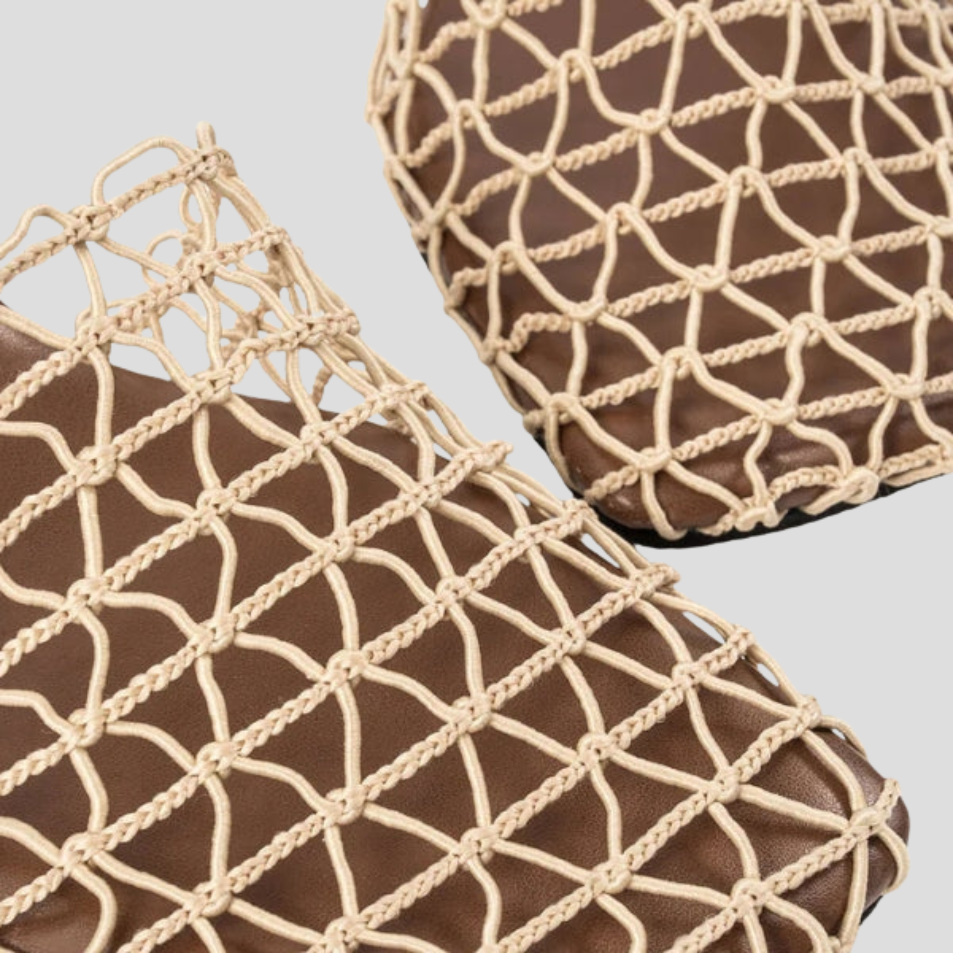 Brown square-toe heeled sandals with net-detail upper for summer