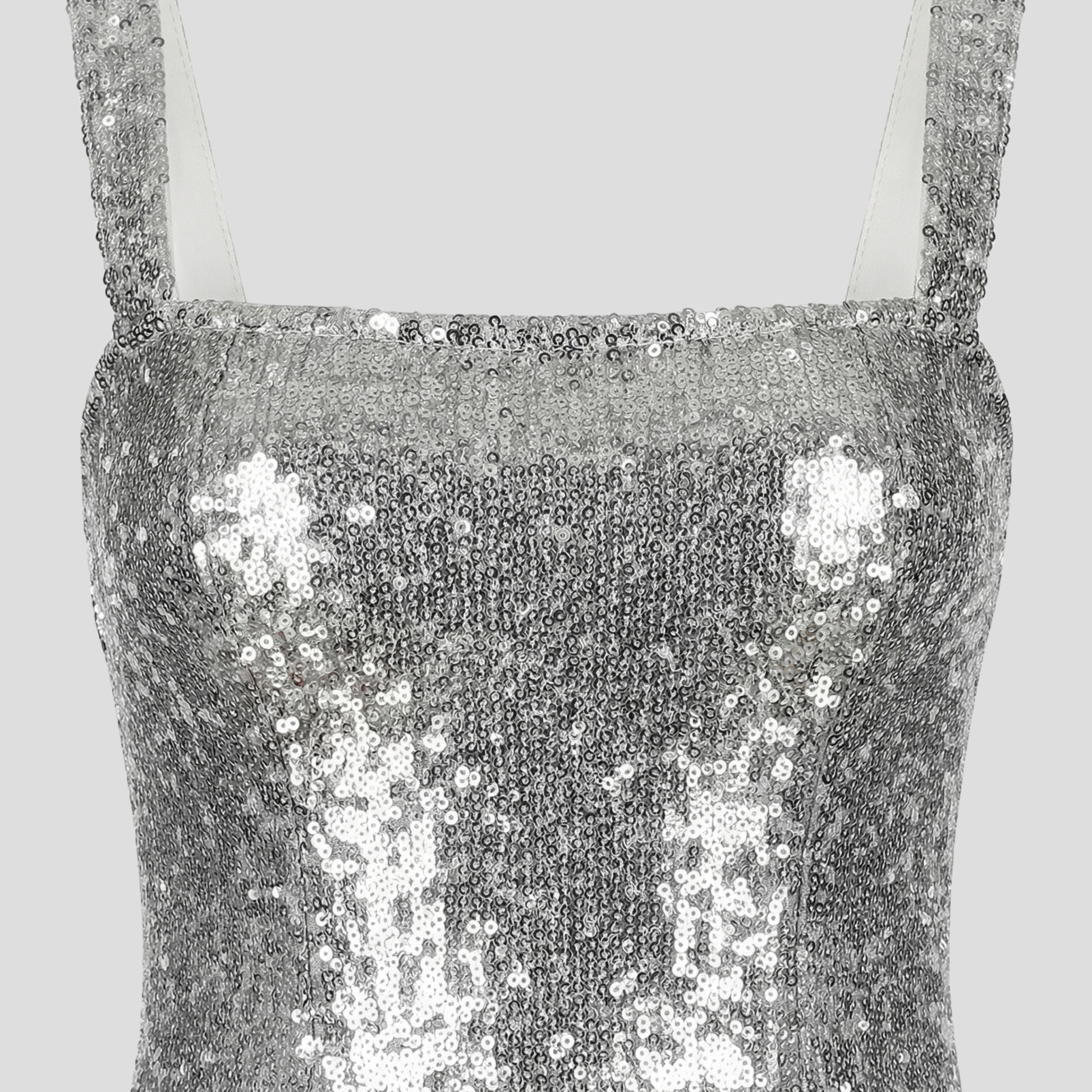 Silver floor-length maxi dress with square neckline and fitted silhouette for evening wear