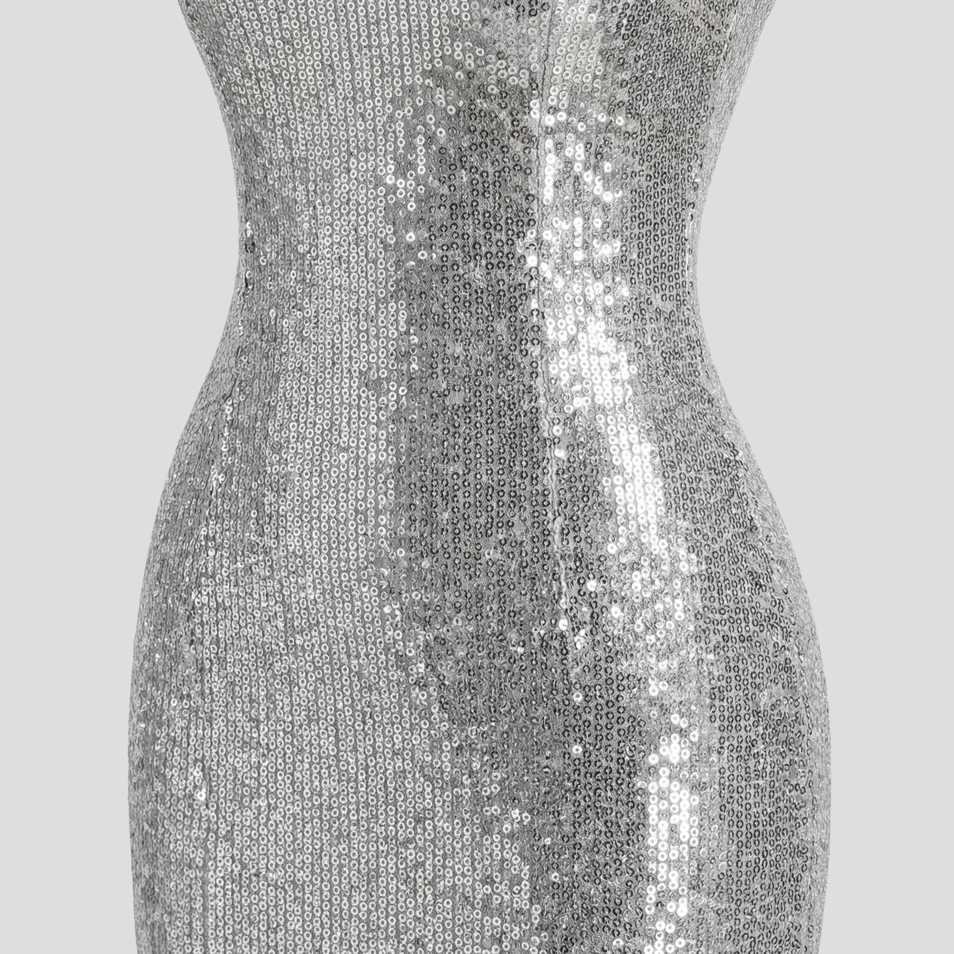 Silver floor-length maxi dress with square neckline and fitted silhouette for evening wear