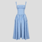 Women's midi dress with square neckline, corset-style bodice and flowing full skirt