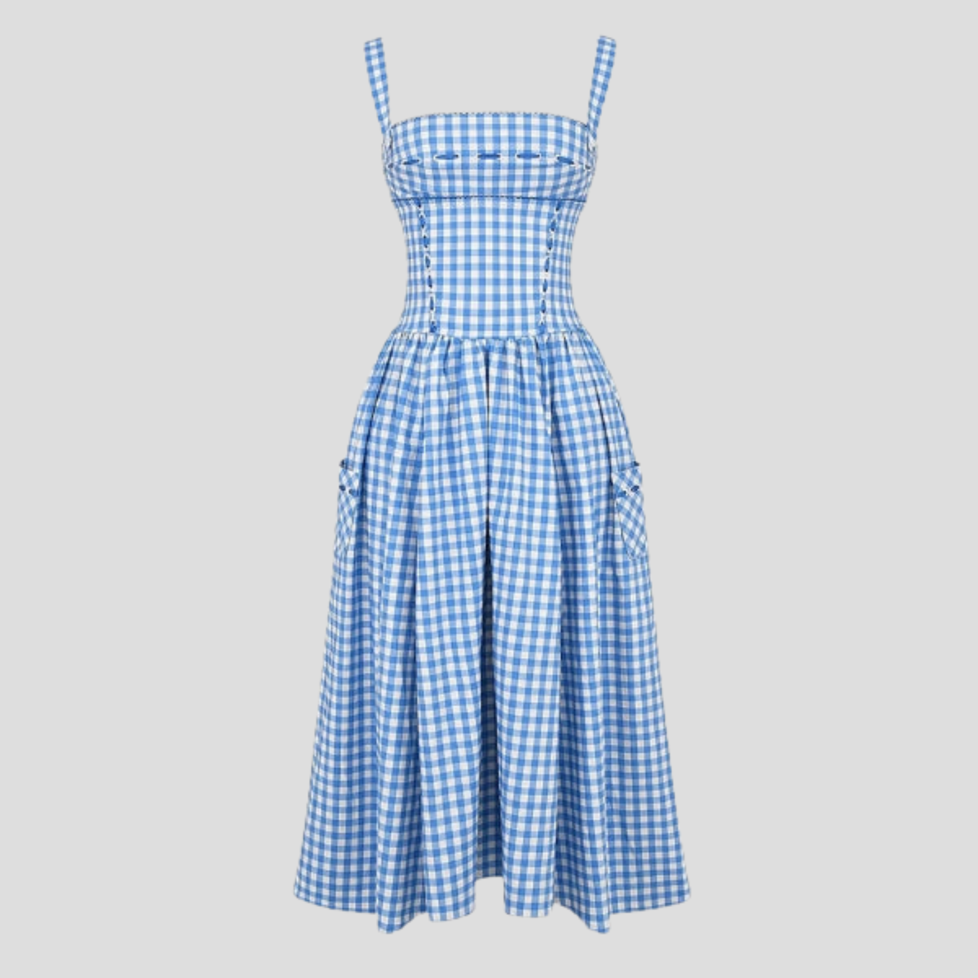 Women's midi dress with square neckline, corset-style bodice and flowing full skirt