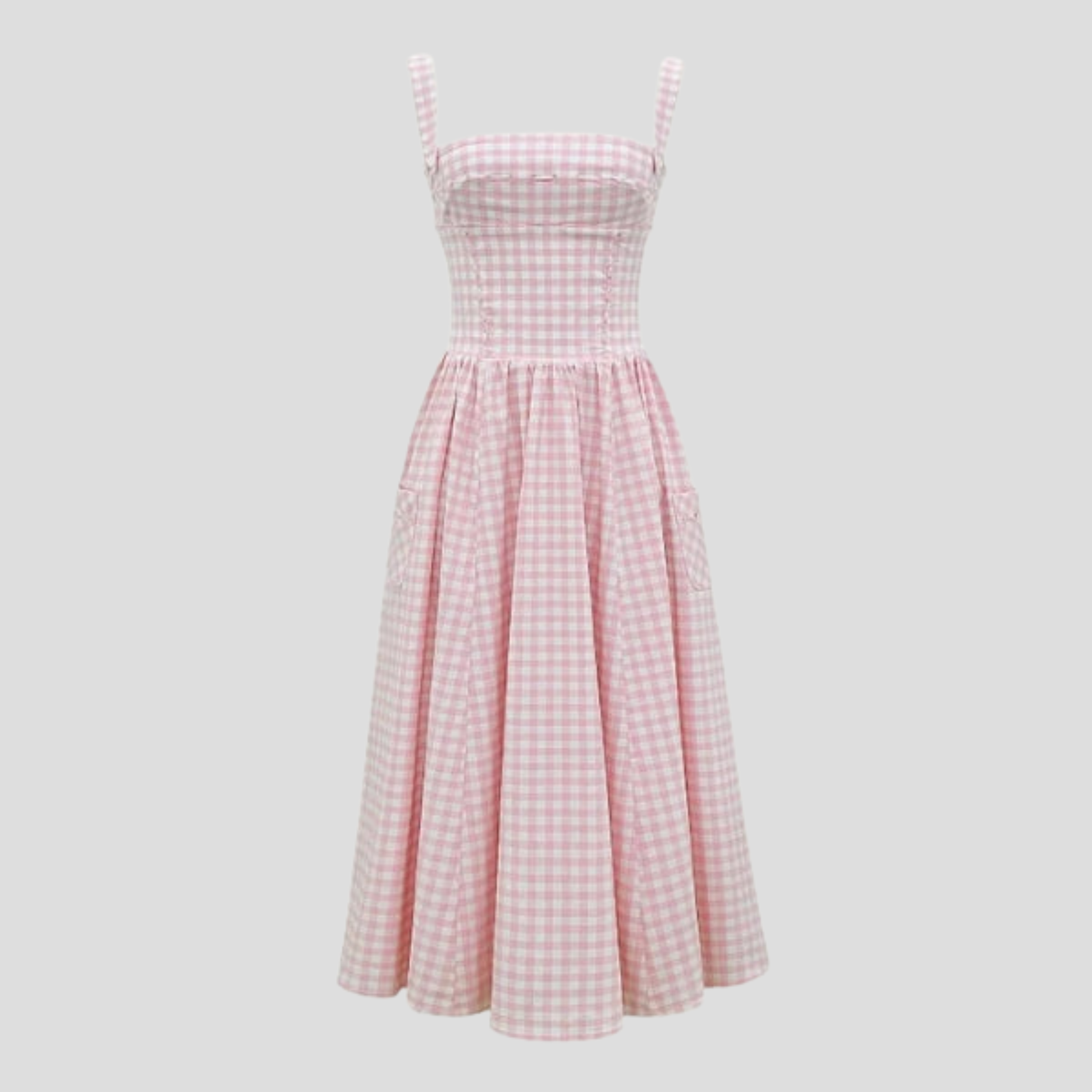 Women's midi dress with square neckline, corset-style bodice and flowing full skirt
