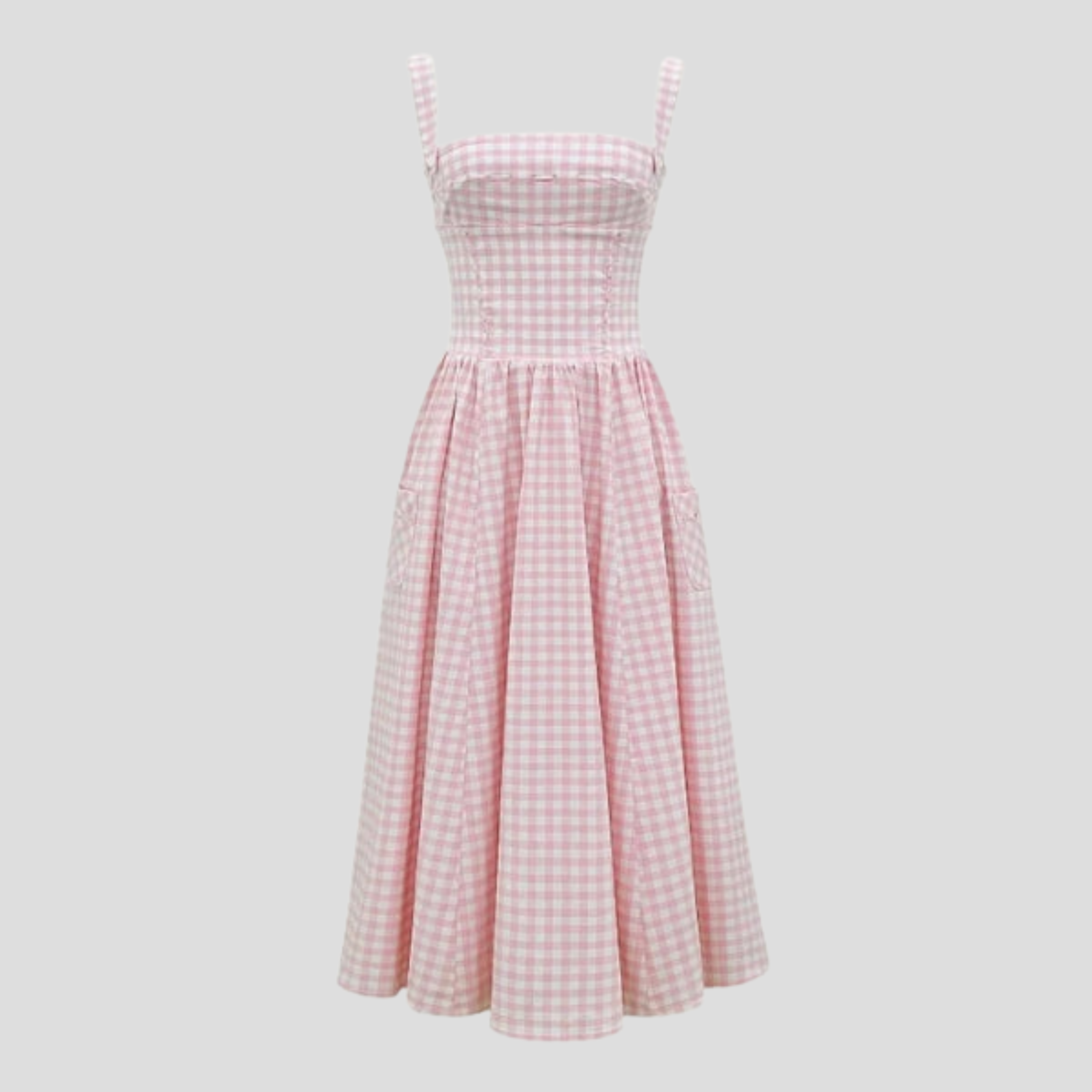 Women's midi dress with square neckline, corset-style bodice and flowing full skirt