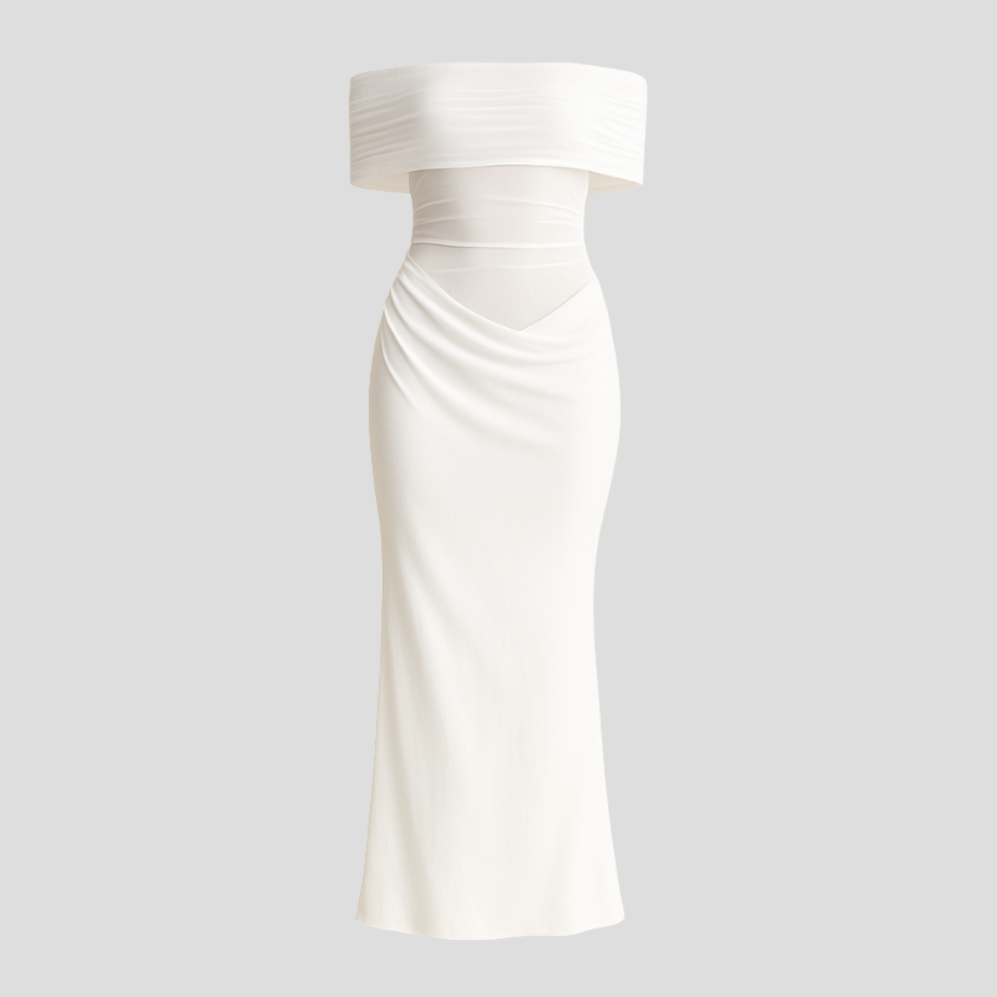 Off-shoulder draped maxi dress with sheer upper detailing for occasion wear