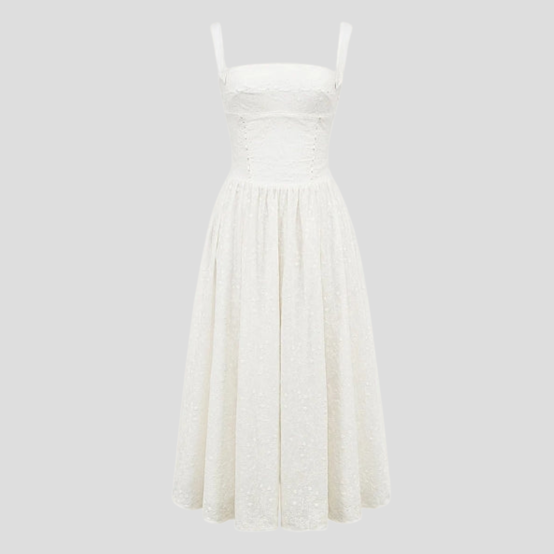 Women's midi dress with square neckline, corset-style bodice and flowing full skirt