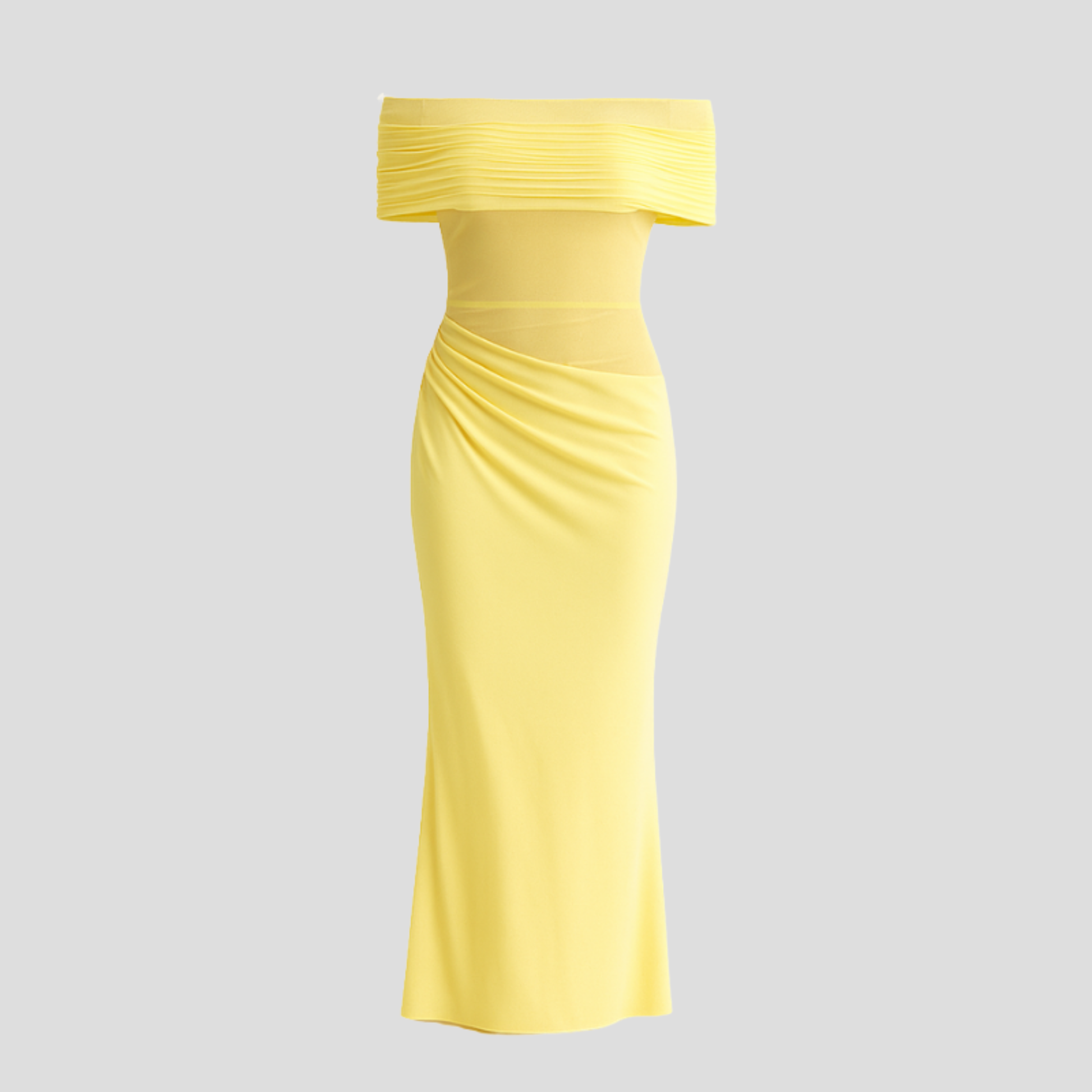 Off-shoulder draped maxi dress with sheer upper detailing for occasion wear